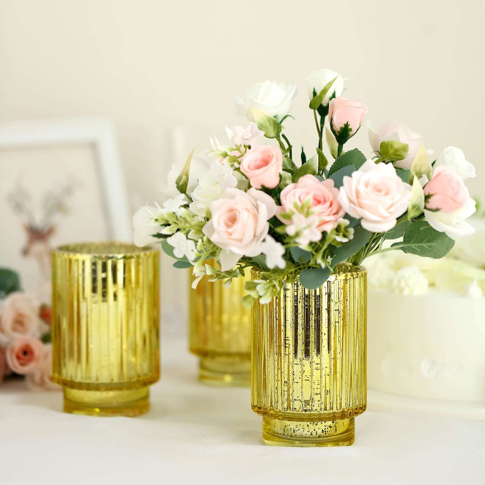3-Pack Mercury Glass Hurricane Candle Holders Gold Wavy Column Design - Votive Pillar Vase 5"
