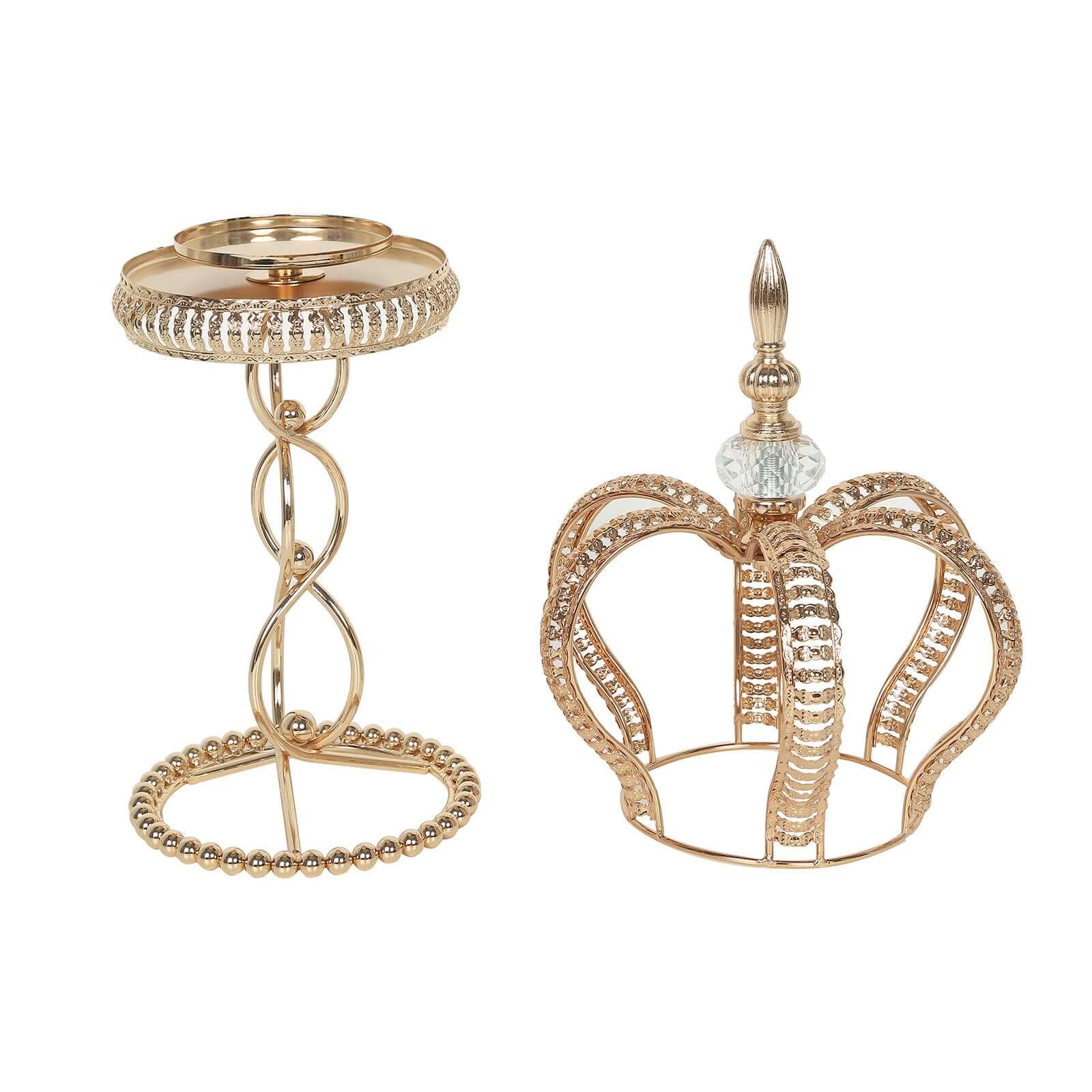 Metal Crown Spiral Pillar Candle Holder Stand Gold - Jeweled Votive Candle Centerpiece 18"