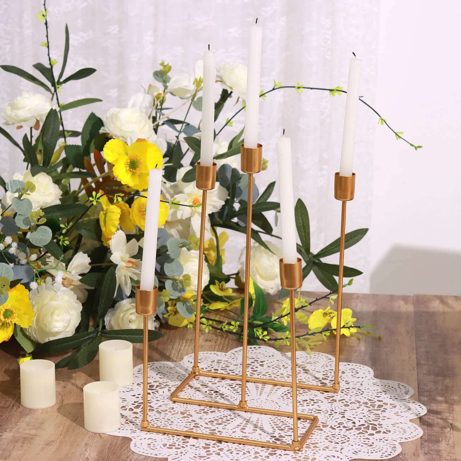 Taper Candle Holder Gold Metal 5-Arm Geometric Candelabra Design - Decorative Piece for Banquets and Celebrations 12"