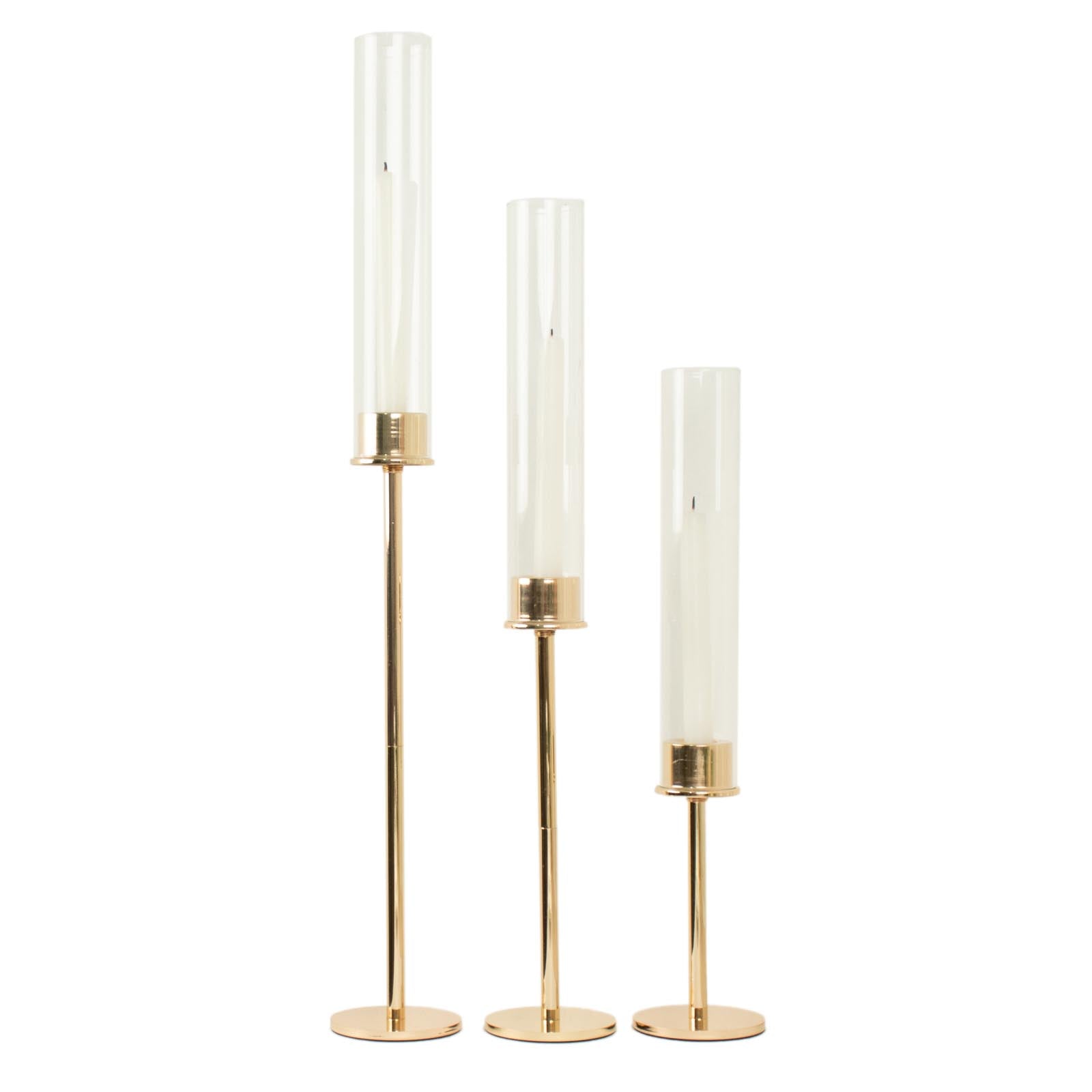Set of 3 Tall Gold Metal Taper Candlestick Holders, Clear Glass Hurricane Candle Stands With Chimney Candle Shades 16", 20", 24"