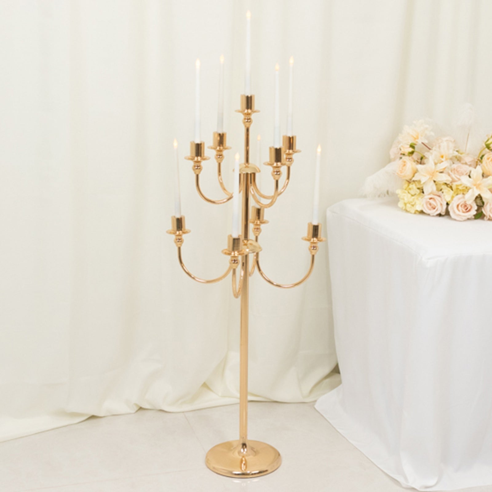 Metal Floor Candelabra Candle Holder, 9-Arm Vintage Taper Stand Gold Table Centerpiece for Weddings & Parties 46" Tall