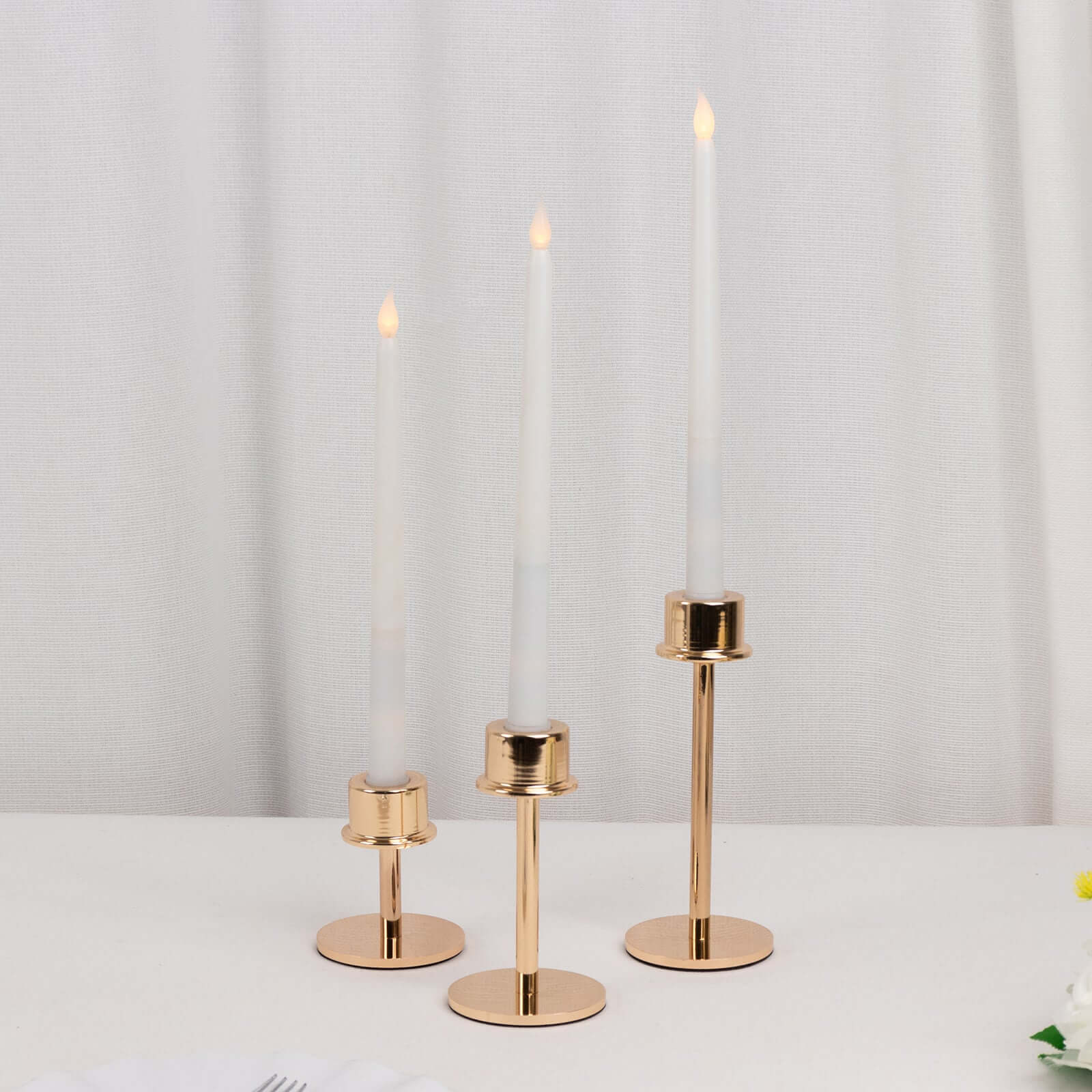 Set of 3 Metal Taper Candlestick Holders Gold with Round Base - Hurricane Candle Stands 3.5", 5.5", 8"