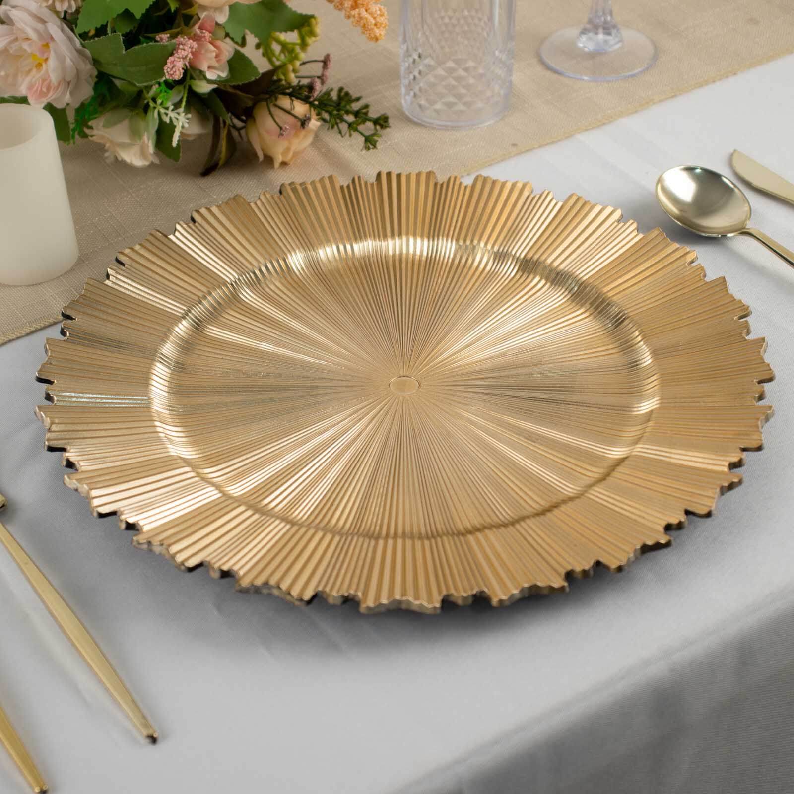 6-Pack Acrylic Plastic Round Charger Plates 13" in Metallic Gold with Sunray Scalloped Rim, Decorative Dinner Party Charger Tableware