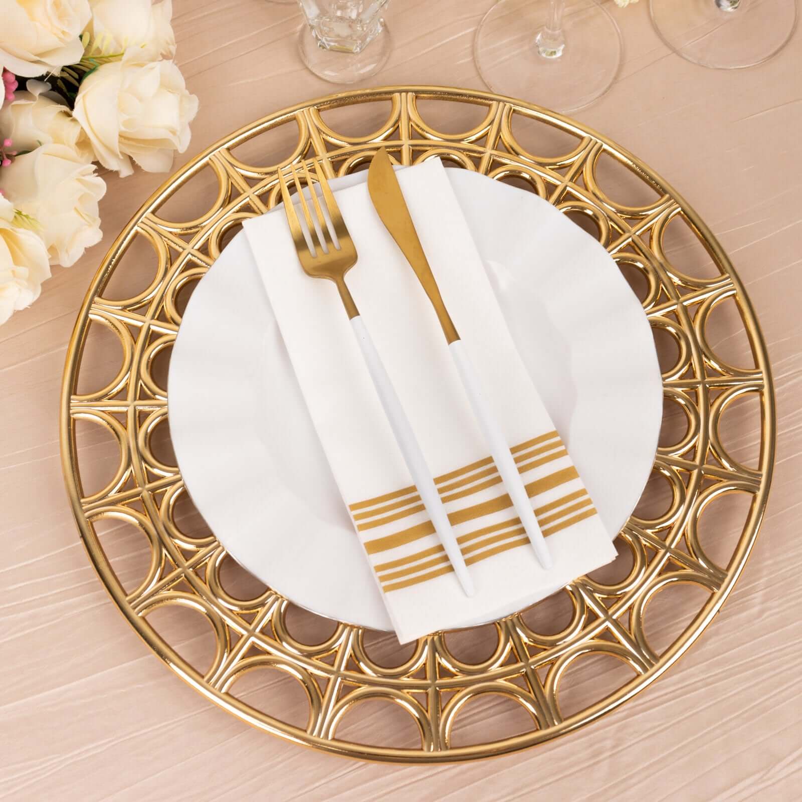 6-Pack Acrylic Round Charger Plates 13" in Metallic Gold with Hollow Semi Circle Rim, Plastic Decorative Charger Tableware