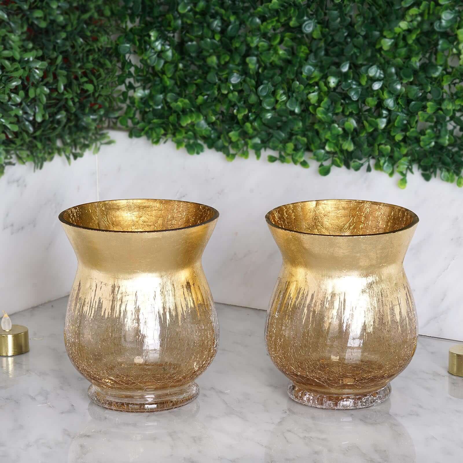 2-Pack Glass Hurricane Vases Bell Shaped Crackle Gold Curvy Design - Decorative Candle Holder Centerpieces 6"