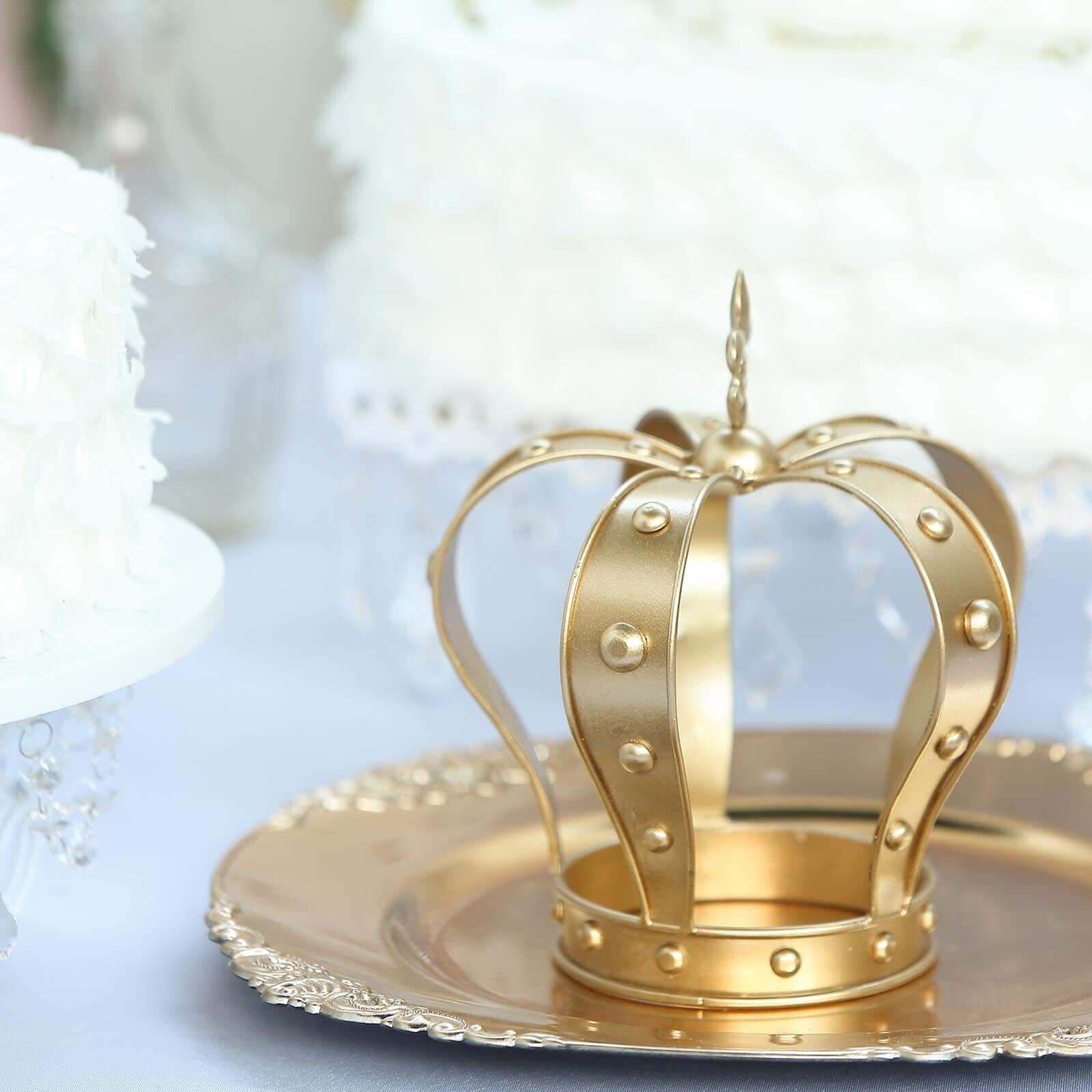 Metal Royal Crown Cake Topper 8" Gold Fleur-De-Lis Top - Refined Cake Centerpiece Decoration for Upscale & Royal-Themed Events