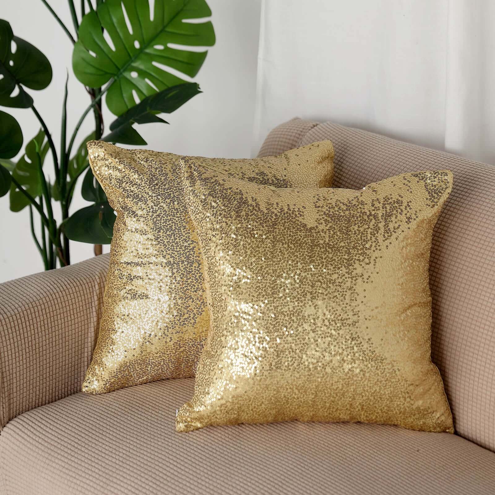 2 Pack 18"x18" Sequin Throw Pillow Cover, Decorative Cushion Case - Square Champagne Sequin