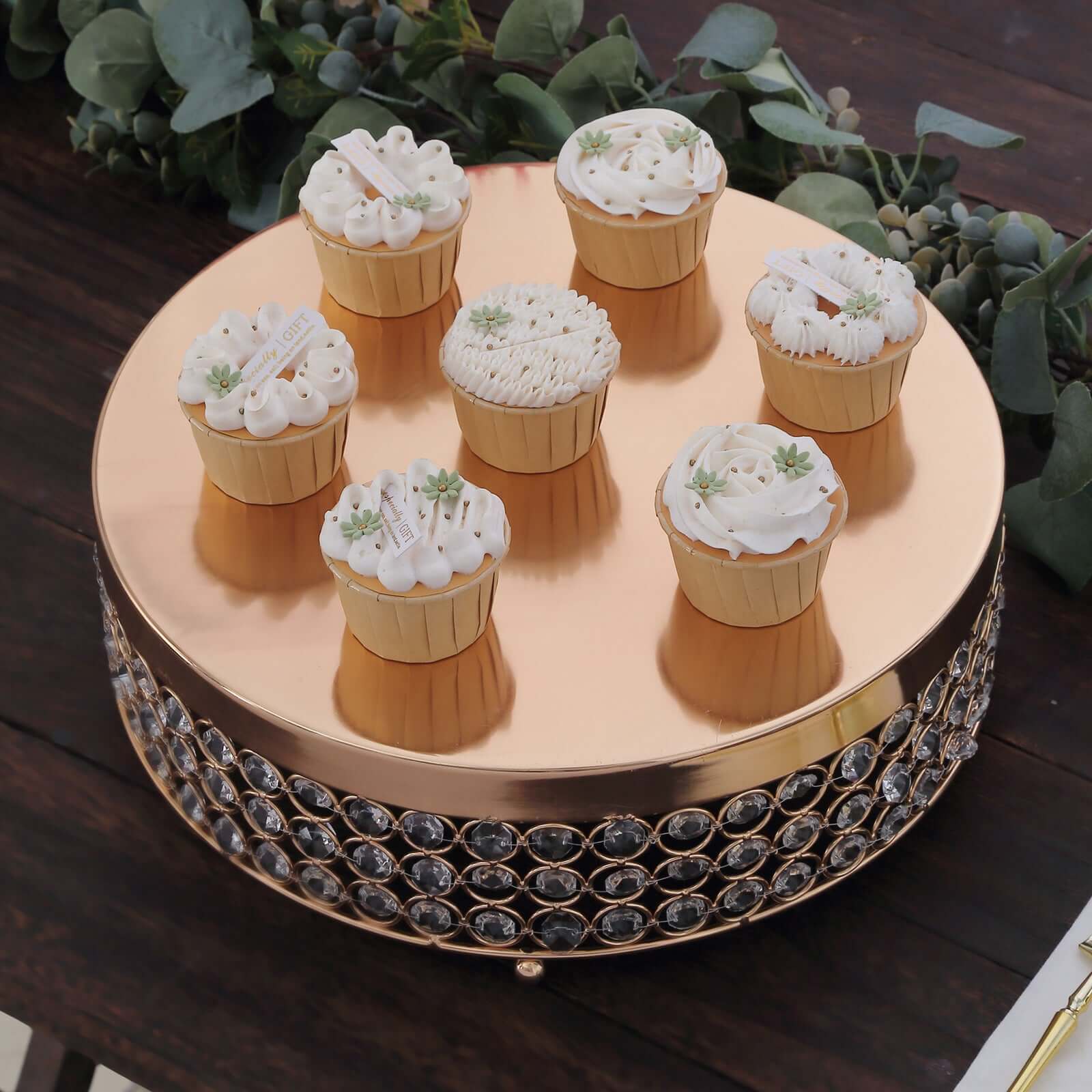 Metal Cake Stand Pedestal Crystal Beaded Design Gold - Cupcake Display and Dessert Riser 13"