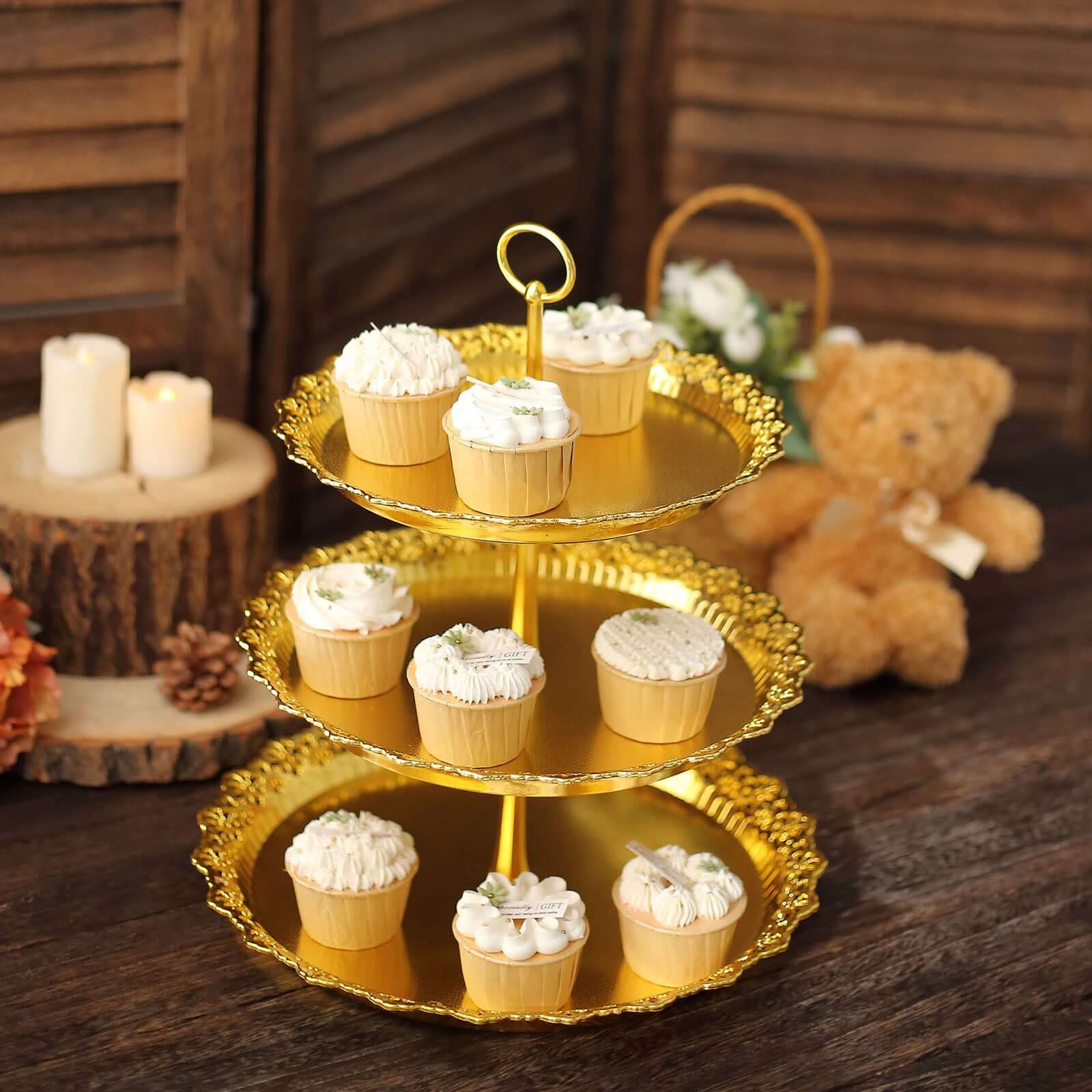 3-Tier Plastic Round Cupcake Stand 15" Metallic Gold with Lace Scalloped Edges - Multifunctional Space Saving Dessert Display Tower Pastry Serving Tray for Classy Events