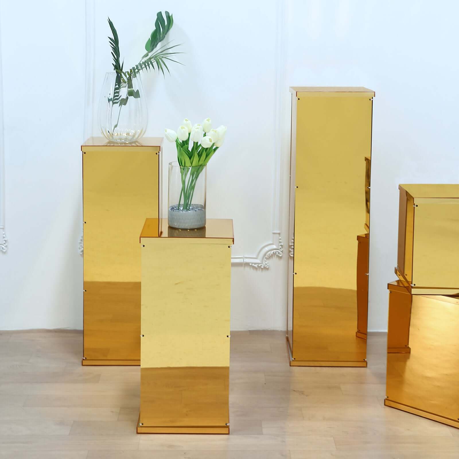 40" Floor Standing Gold Mirror Finish Acrylic Display Box, Pedestal Riser with Interchangeable Lid and Base