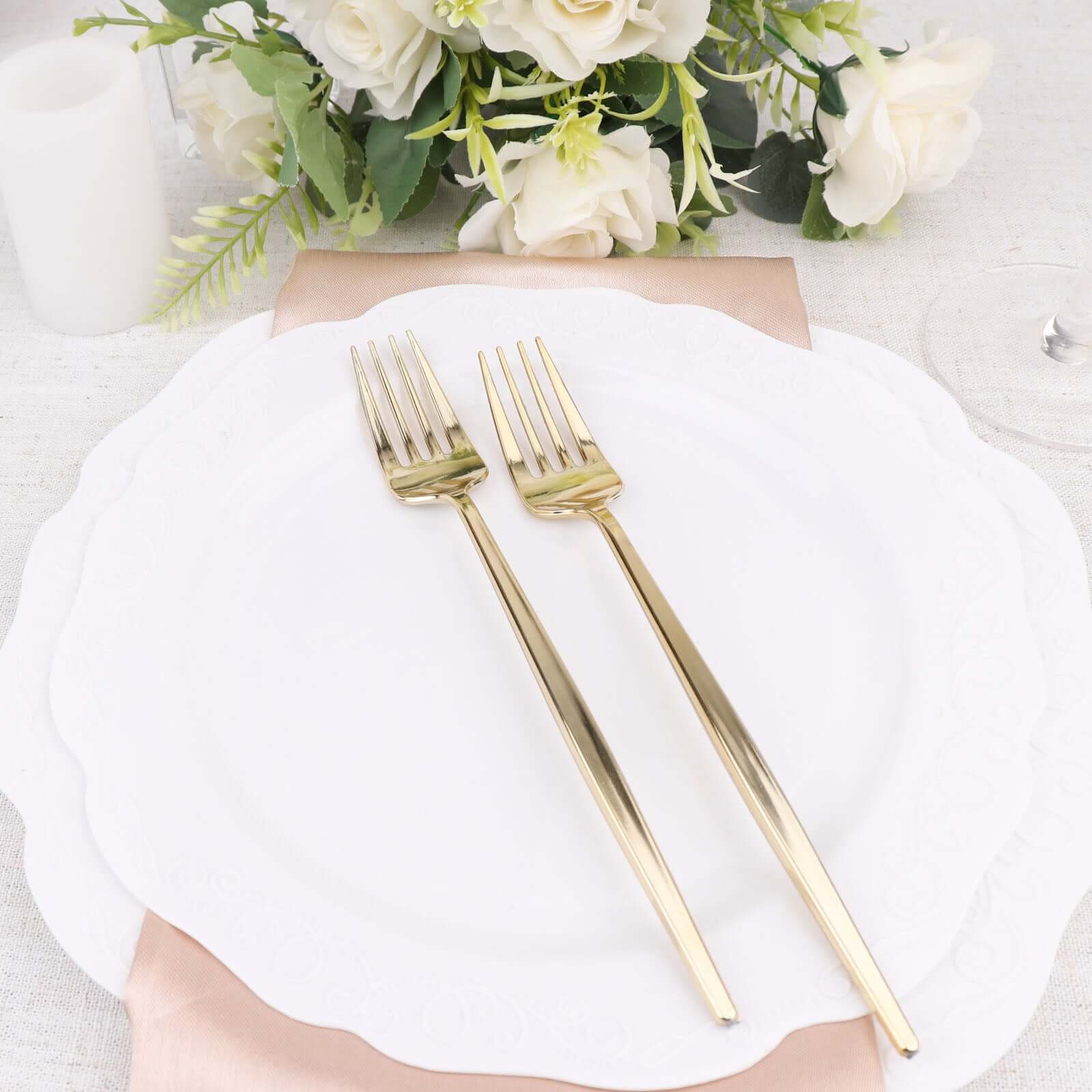 24 Pack 8" Glossy Gold Heavy Duty Plastic Silverware Forks Cutlery, Premium Disposable Sleek Flatware