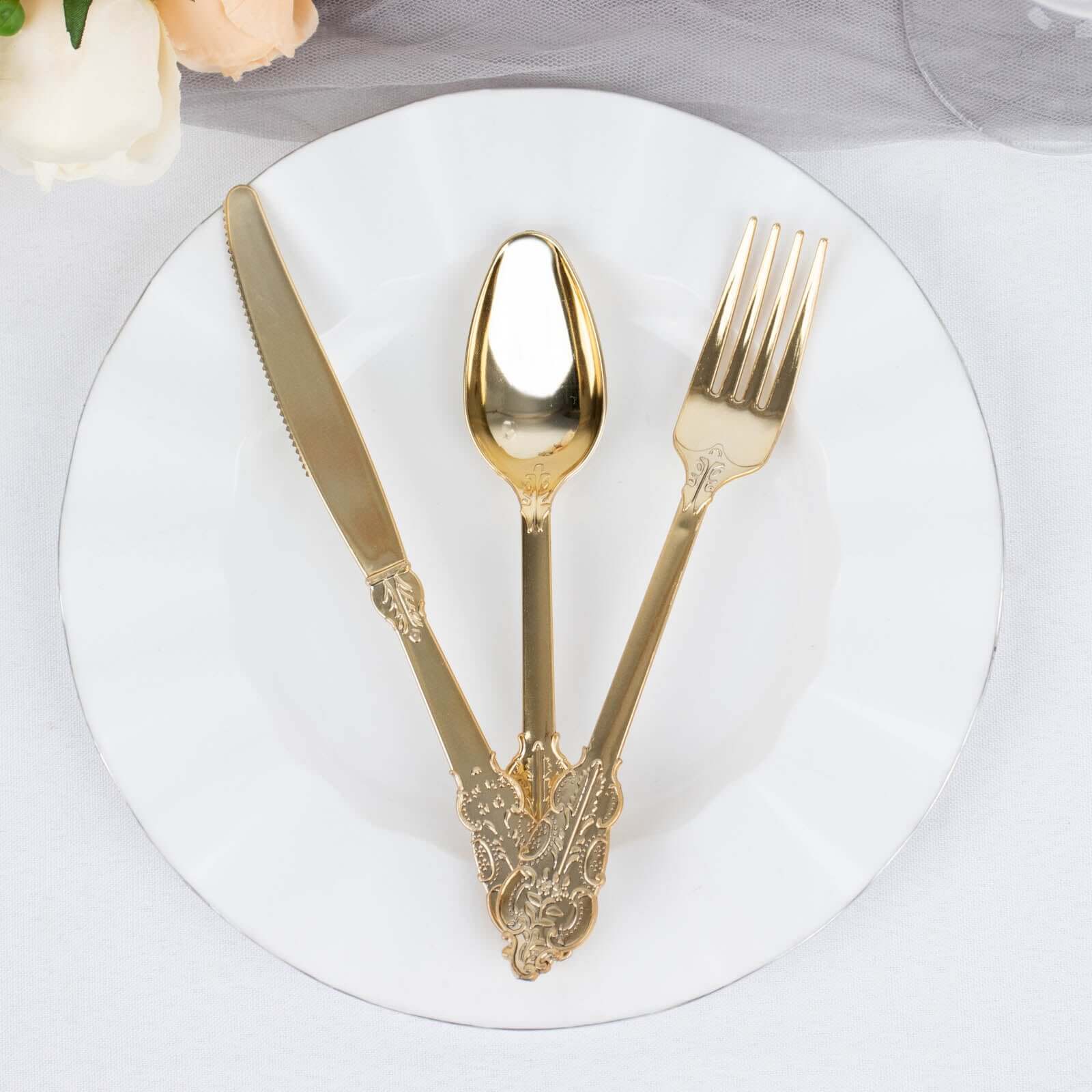 24 Pcs Plastic Silverware Set in Baroque Style Metallic Gold - Heavy Duty Disposable Knife, Fork, and Spoon Set