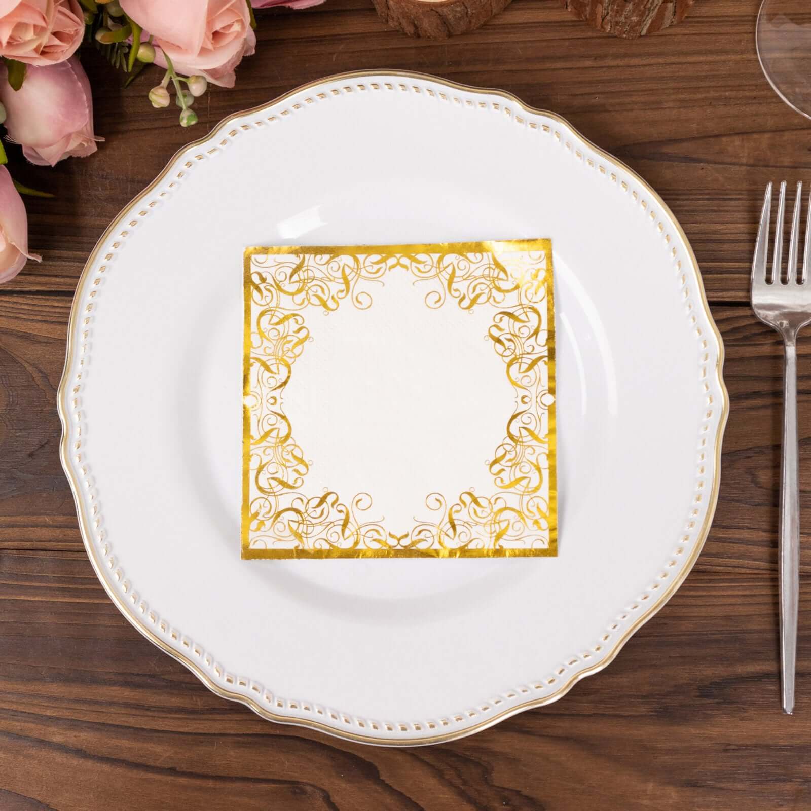 20-Pack Paper Beverage Napkins with Gold Foil Lace Design White - 3 Ply Disposable 18GSM European Style Cocktail Napkins 5"x5"