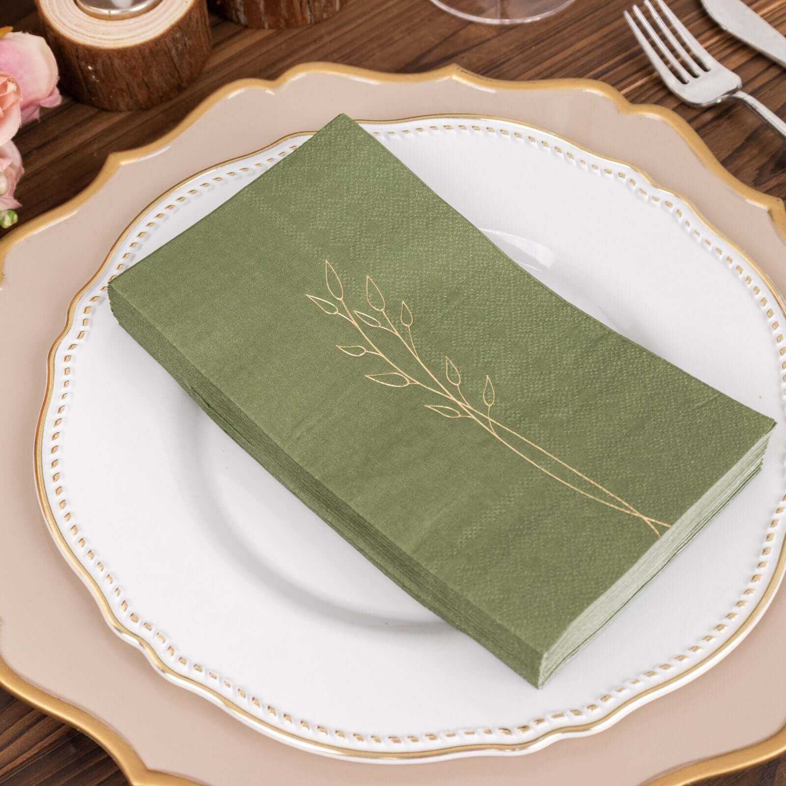 50-Pack Paper Dinner Napkins Olive Green with Gold Embossed Leaf - Stylish 2-Ply Disposable Napkins for Weddings 18GSM