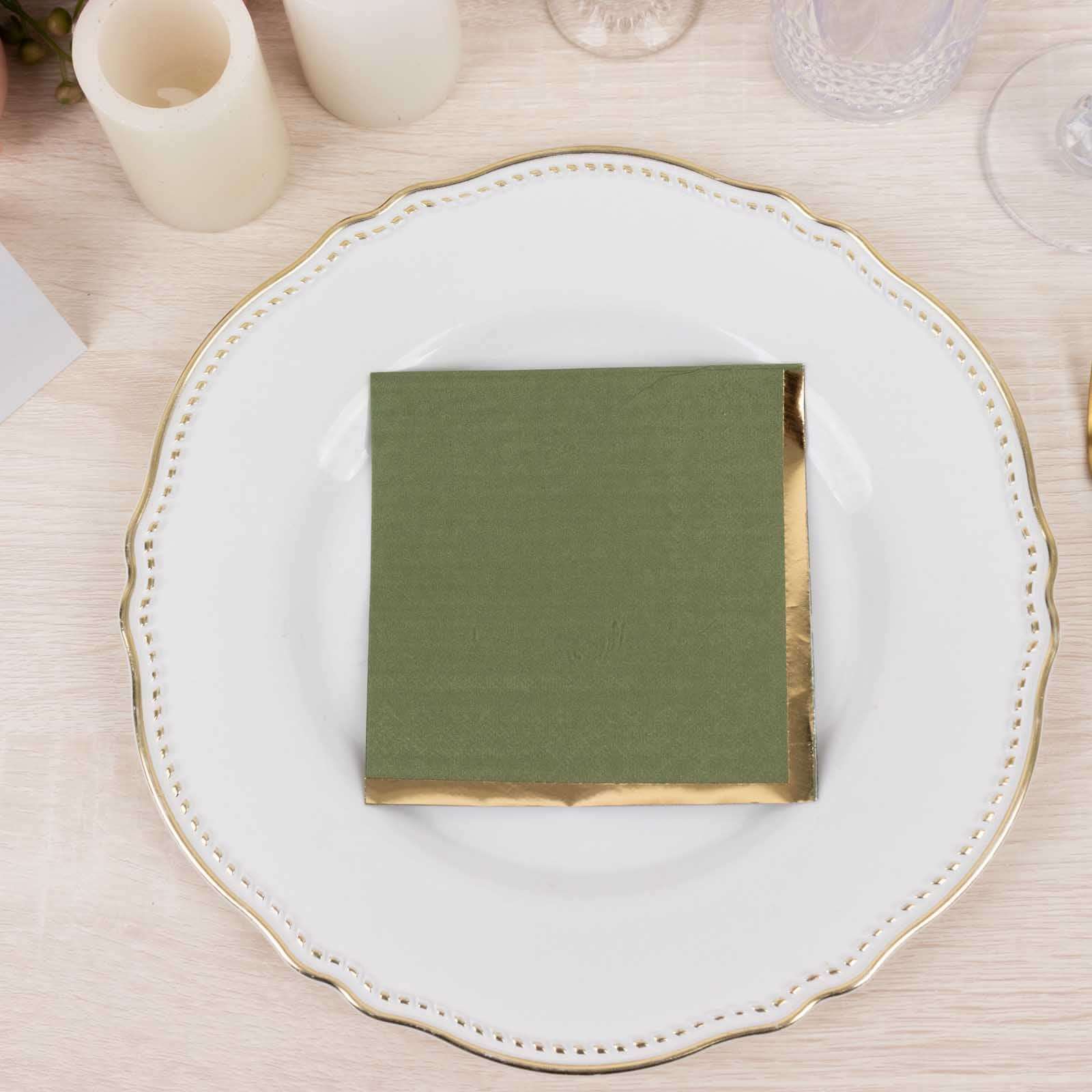 50-Pack Paper Beverage Napkins Olive Green with Gold Foil Edge - 2 Ply Disposable Soft 18GSM Cocktail Napkins 5"x5"