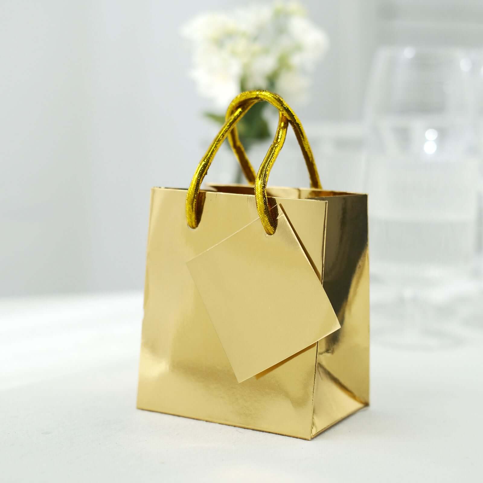 12 Pack 5" Shiny Metallic Gold Foil Paper Party Favor Bags With Handles, Small Gift Wrap Goodie Bags
