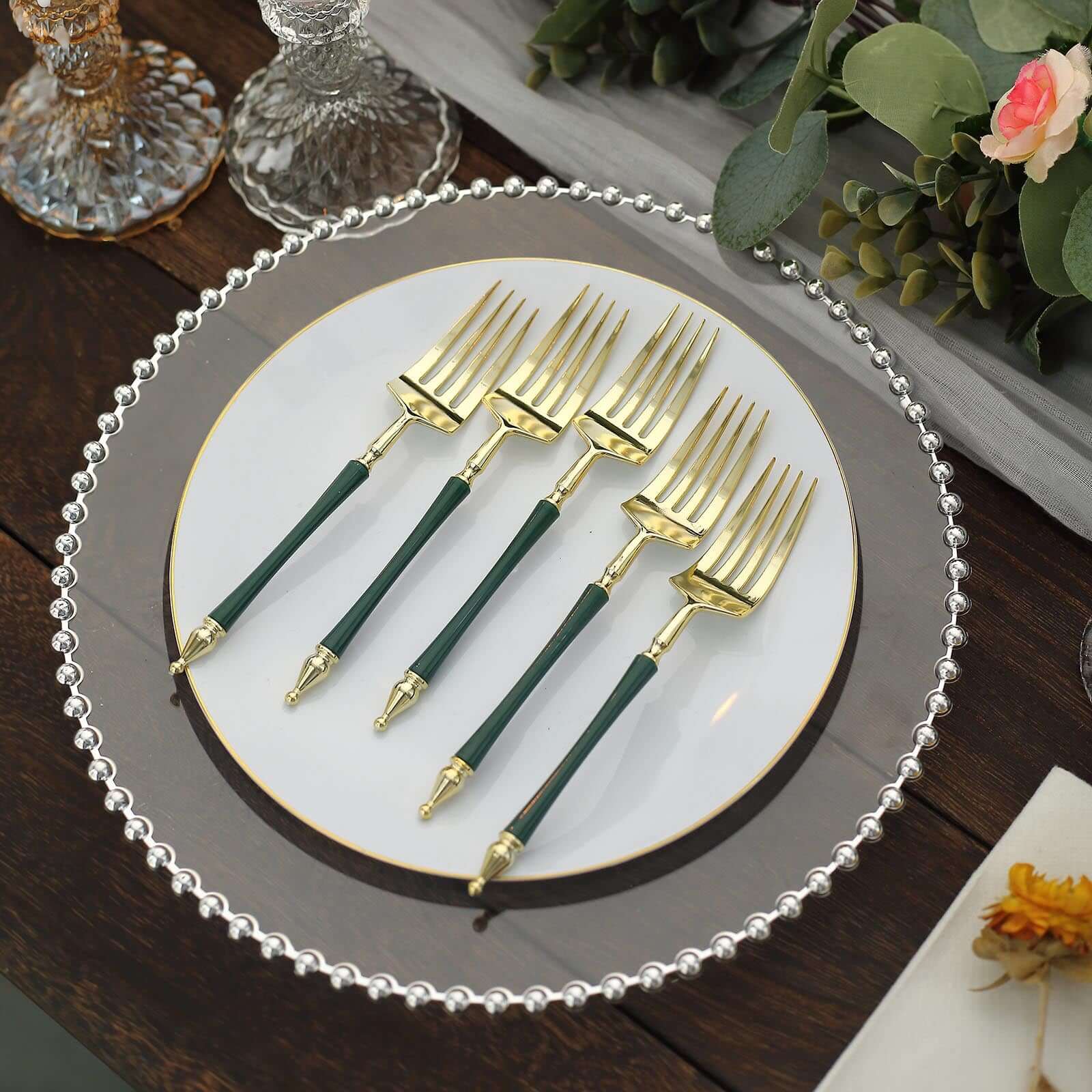 24 Pack 6" Gold Hunter Emerald Green Plastic Dessert Forks With Roman Column Handle, European Style Disposable Utensils
