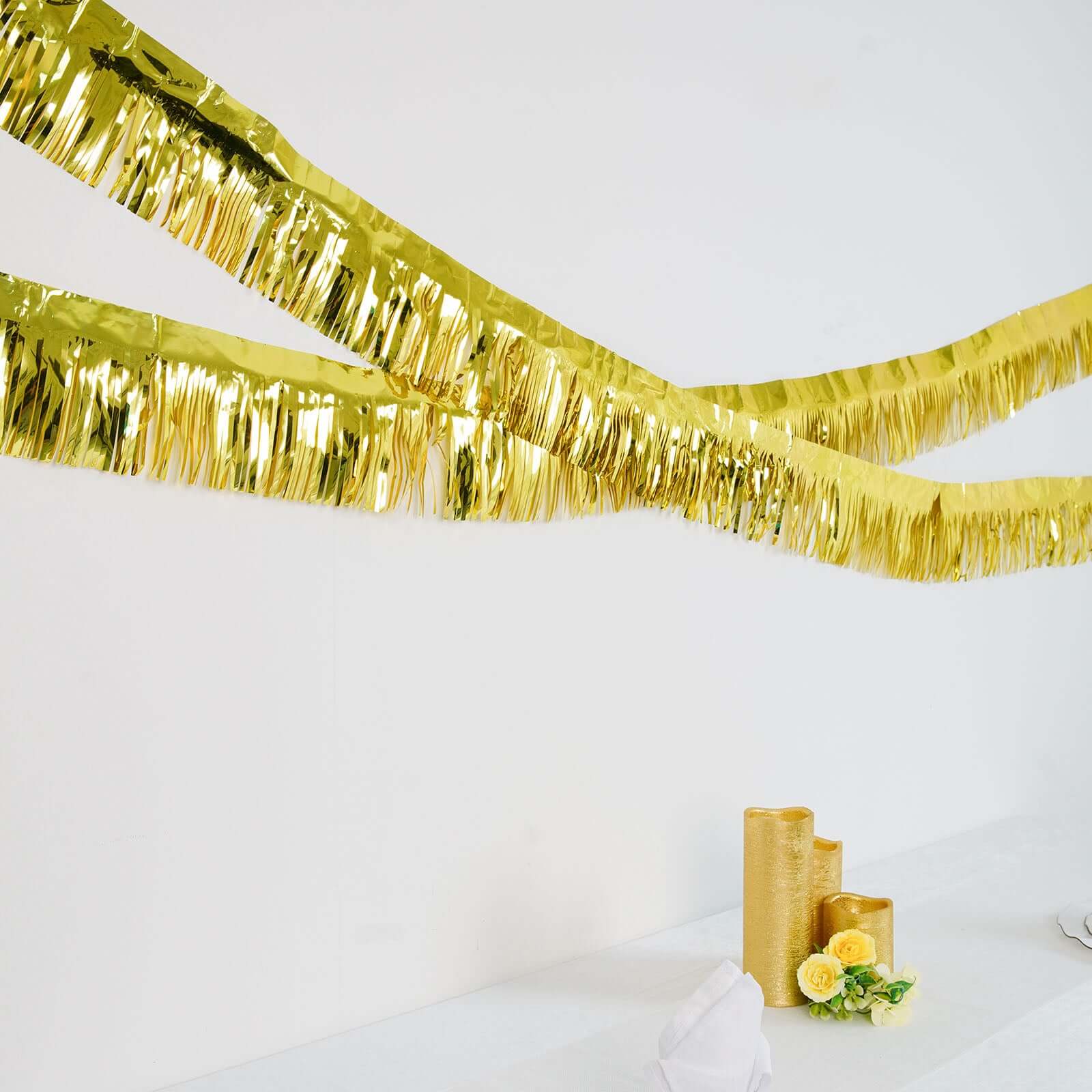 16ft Metallic Gold Foil Tassel Fringe Backdrop Banner, Tinsel Garland Decor