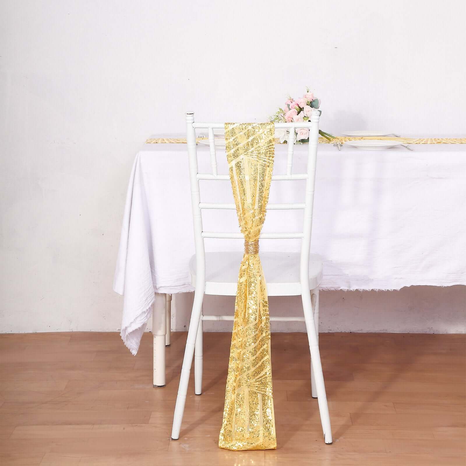 5 Pack Glitz Sequin Chair Sashes with Geometric Diamond Design 6"x88" Gold - Glittering Accent for Weddings