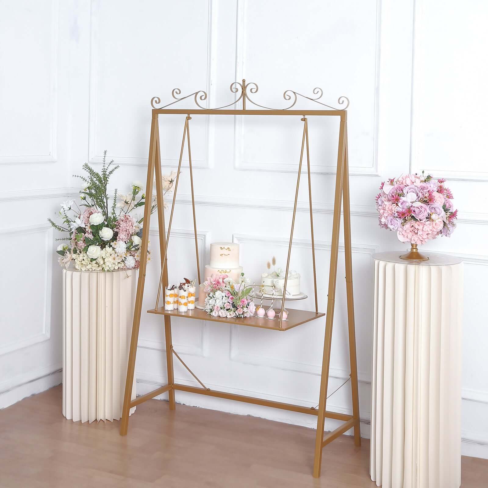 Metal Floor Swing Cake Stand Gold - Exquisite Hanging Dessert Display Serving Station for Upscale Parties & Weddings 6ft Tall