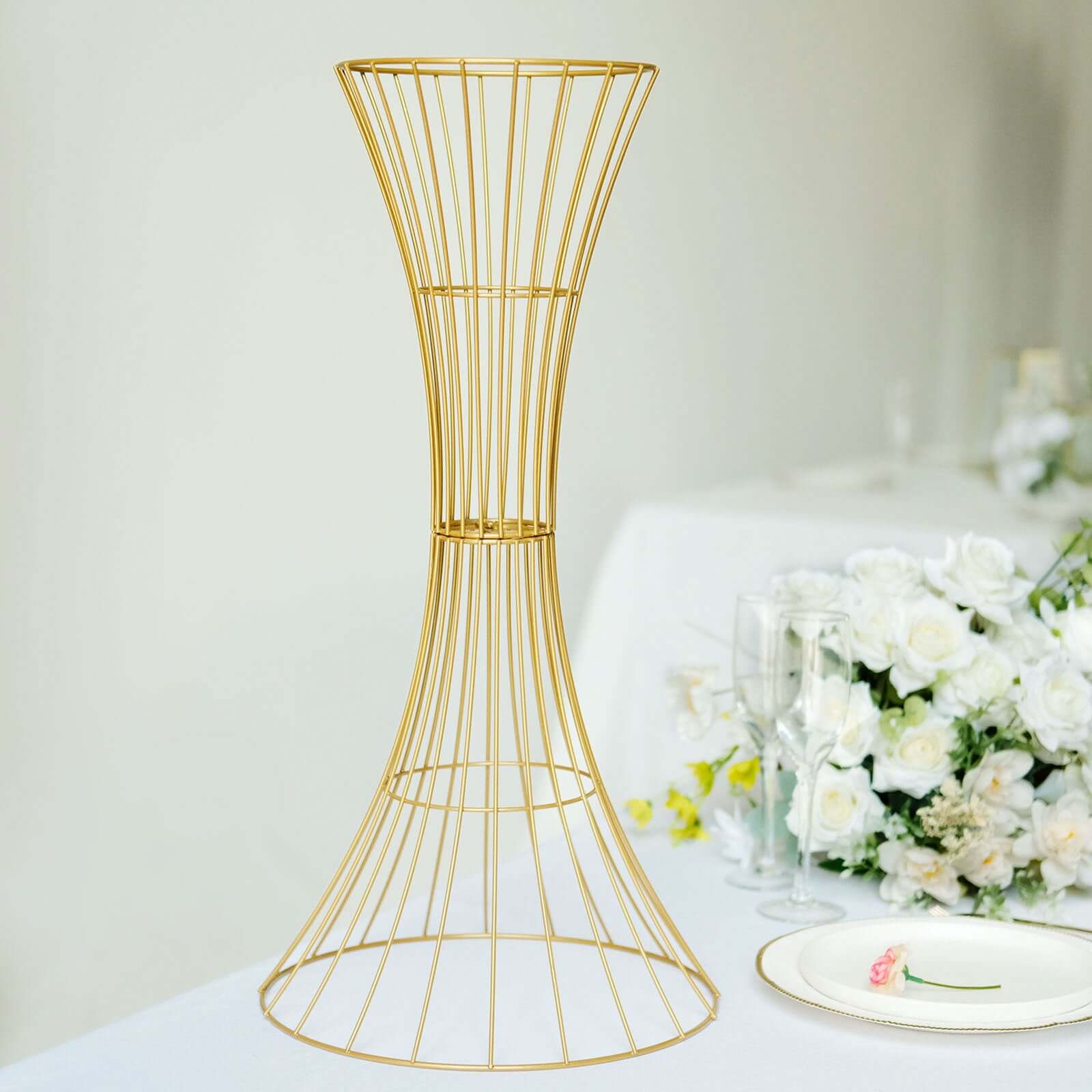 Metal Centerpiece Stand Gold Hourglass Trumpet Shape Design - Flower Open Frame Reversible Pedestal 24"