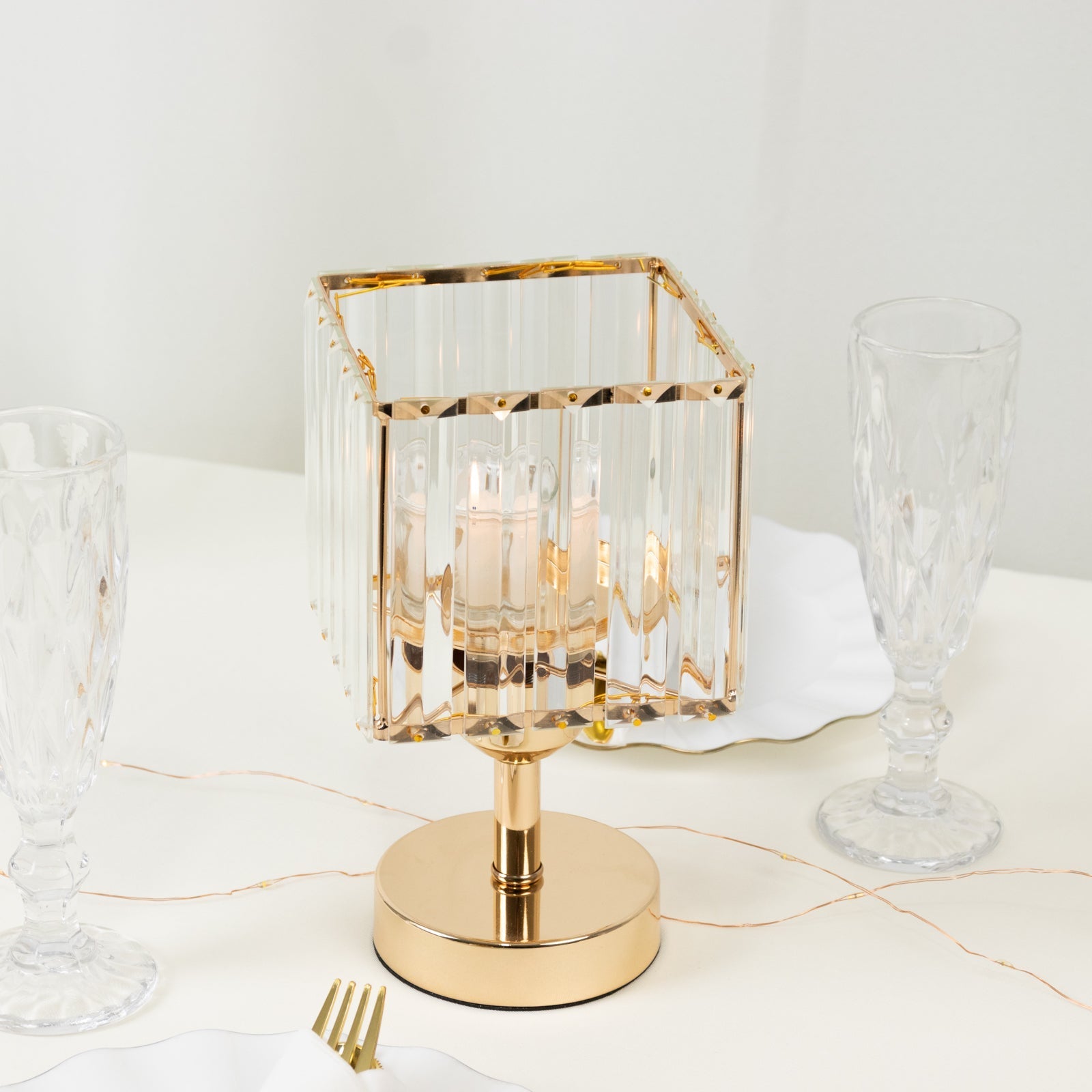 2 Pack 9" Crystal Pendant Hurricane Candle Holders in Gold, Elegant Square Design for Pillar Candles, Decorative Table Centerpieces