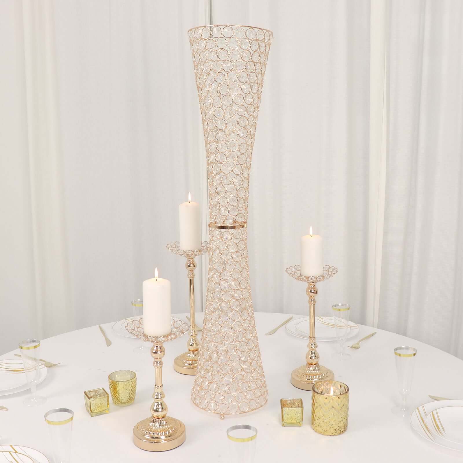 Metal Hurricane Floral Vase Centerpiece Metallic Gold with Crystal Beaded Design - Decorative Table Piece 36"