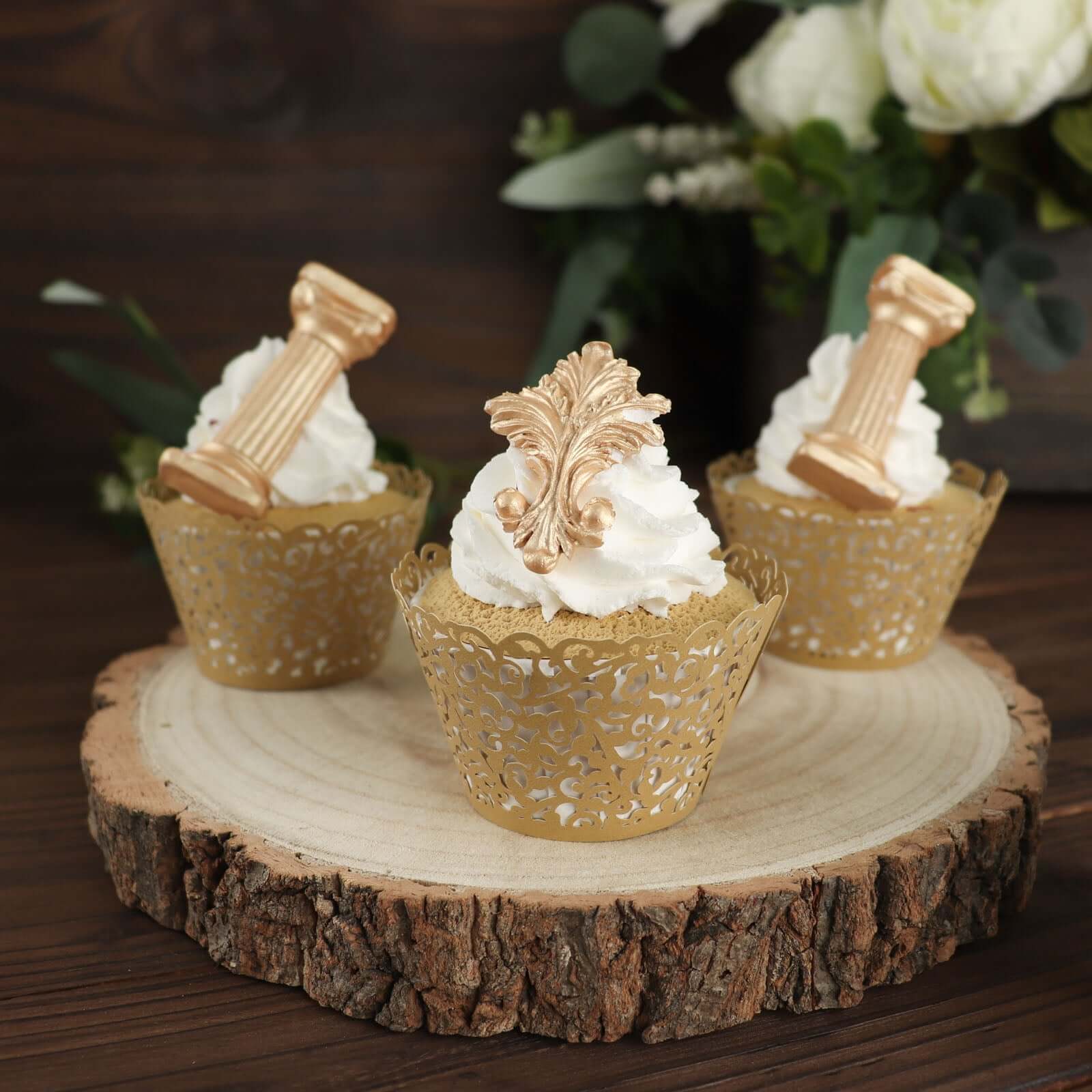 25-Pack Paper Cupcake Wrappers Lace Laser Cut Design Gold - Muffin Baking Cup Trays for Events
