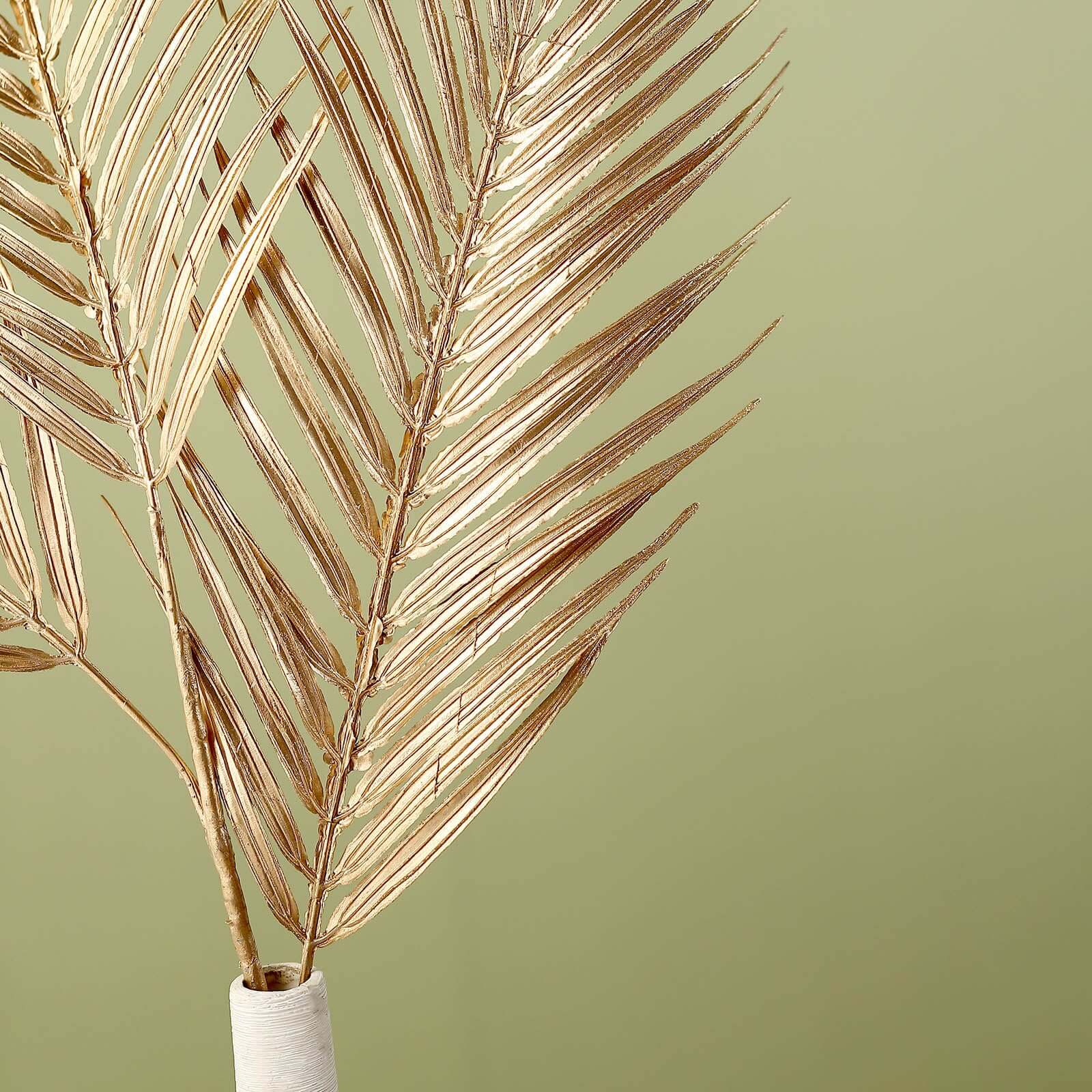 2 Stems Artificial Palm Leaf Branch Metallic Gold - Tropical Faux Stems Vase Filler Floral Backdrop Table Decor 32"