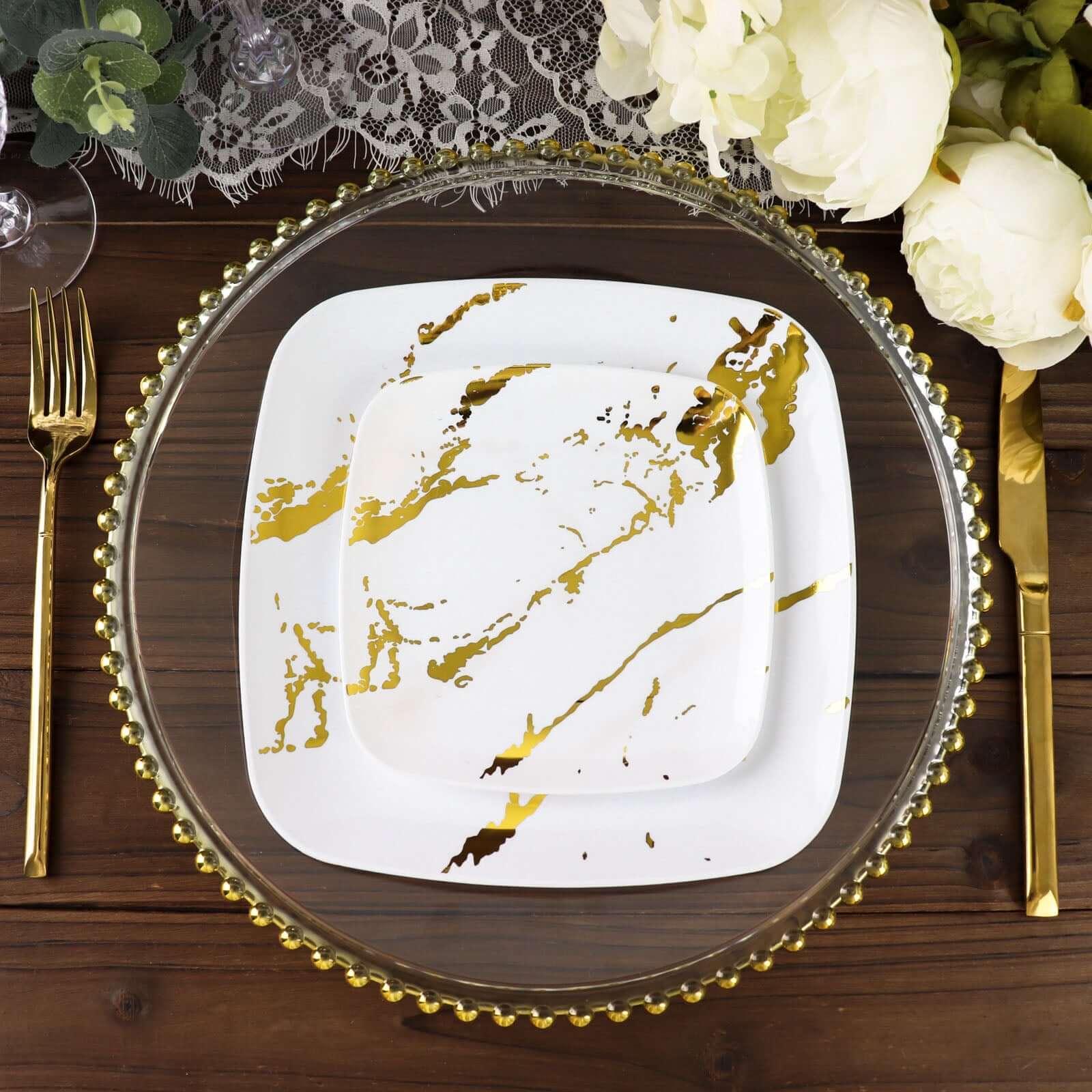 10-Pack Plastic 8" Square Dessert Plates in White with Gold Marble Design - Disposable Appetizer Salad Party Plates for Weddings, Banquets & Special Events