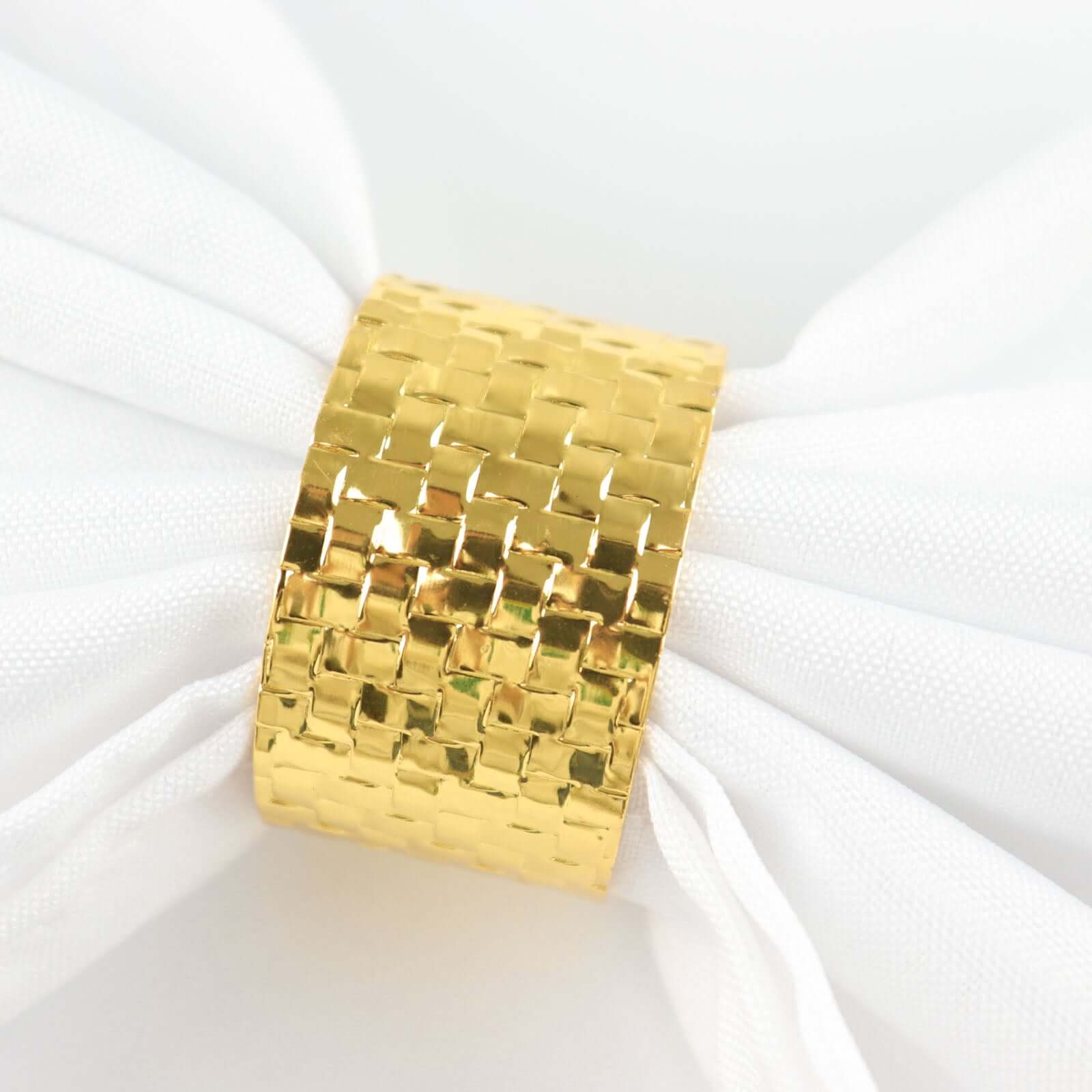 4 Pack Shiny Gold Basket Weave Napkin Rings, Metallic Napkin Holders