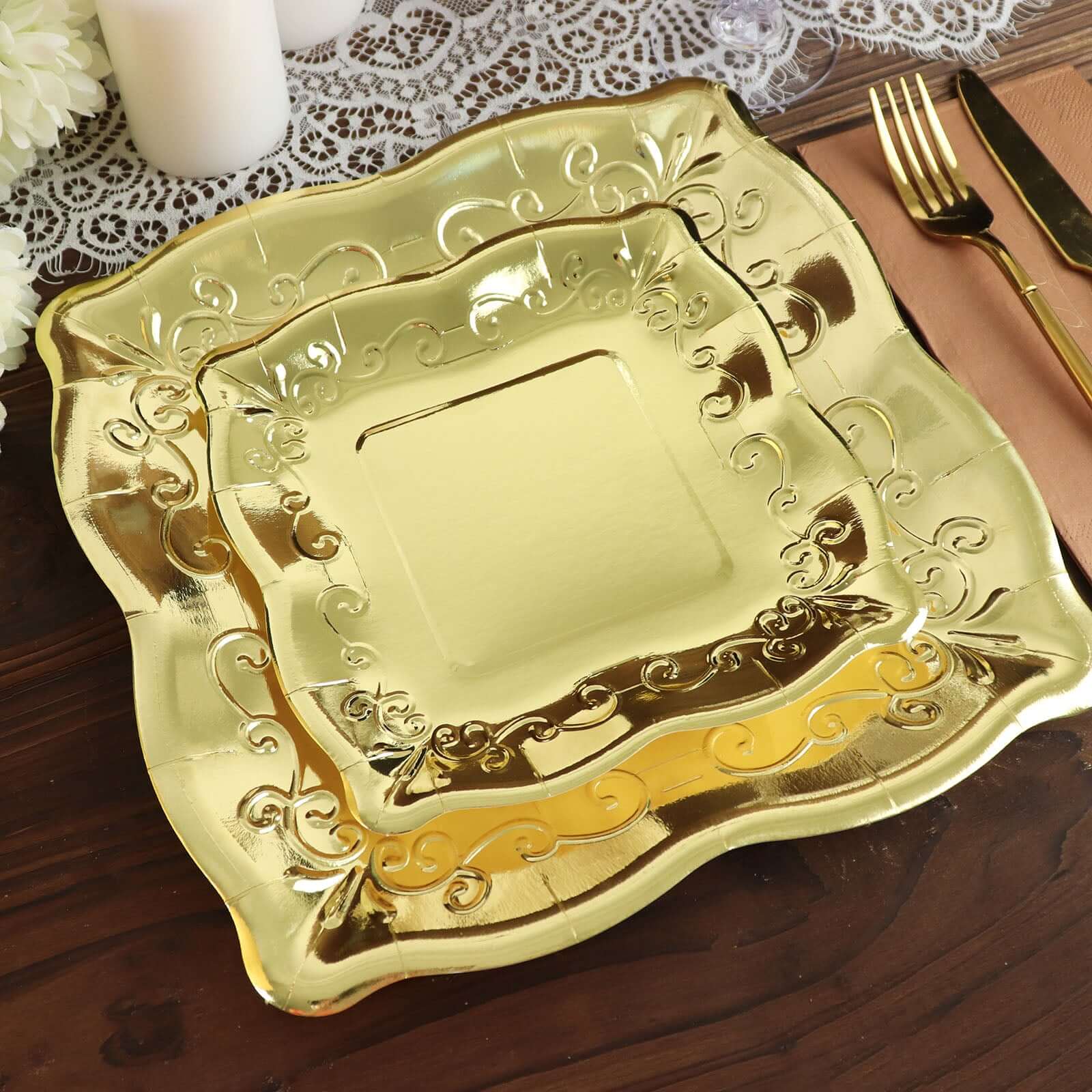 25-Pack Paper 11" Square Dinner Plates in Gold with Vintage Pottery Embossed Design - Shiny Metallic Disposable Serving Plates for Glamorous Dinners & Events