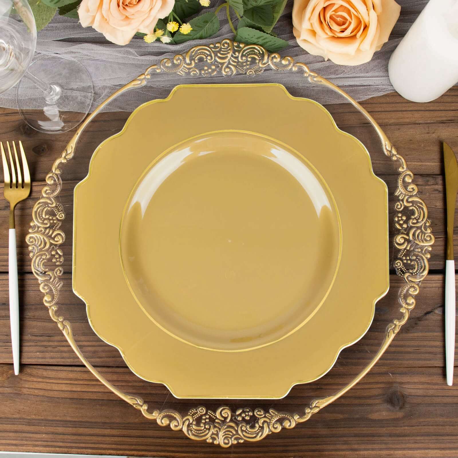 10-Pack Plastic Dinner Plates in Gold Baroque Design with Scalloped Gold Rim - Heavy Duty Disposable Party Plates for Events & Banquets 11"