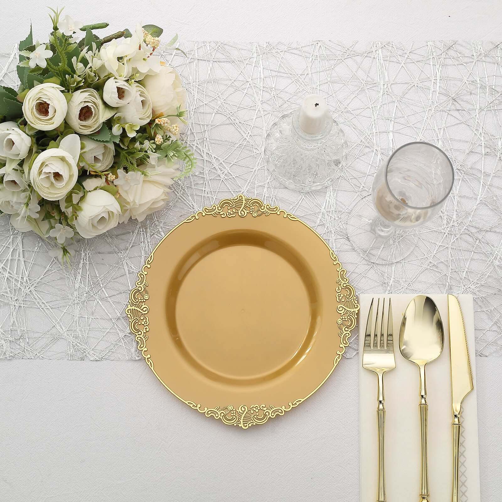 10-Pack Plastic 8" Round Dessert Plates in Gold with Leaf Embossed Rim - Disposable Vintage Baroque Style Salad Plates for Luxurious Gatherings & Events