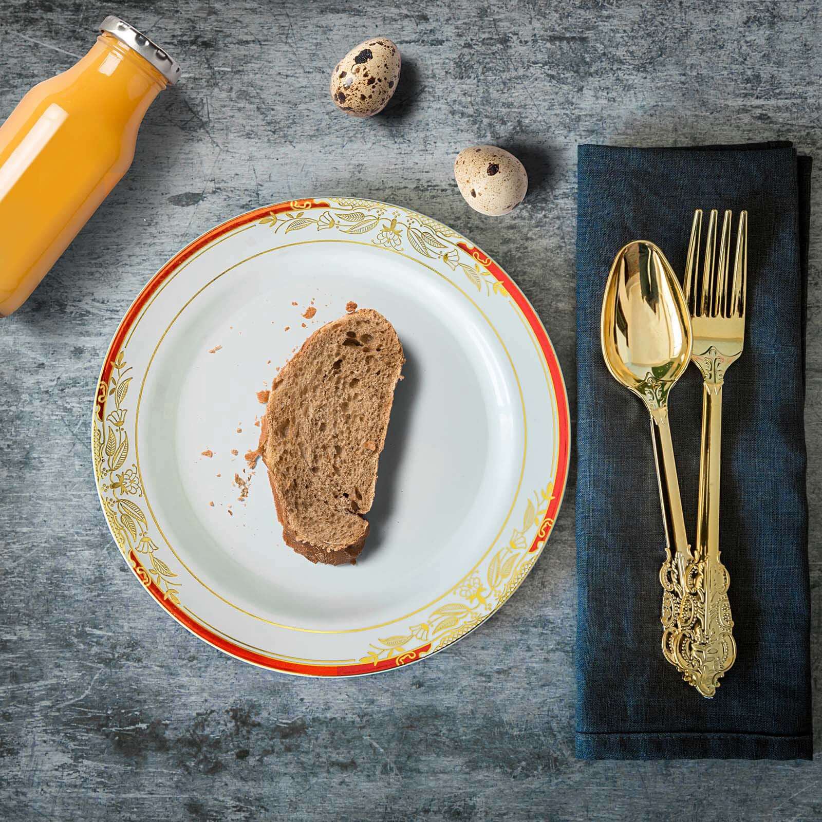 10-Pack Plastic 8" Round Dessert Plates in White with Red Rim - Stylish Gold Vine Design Disposable Salad/Appetizer Plates for Special Occasions & Celebrations