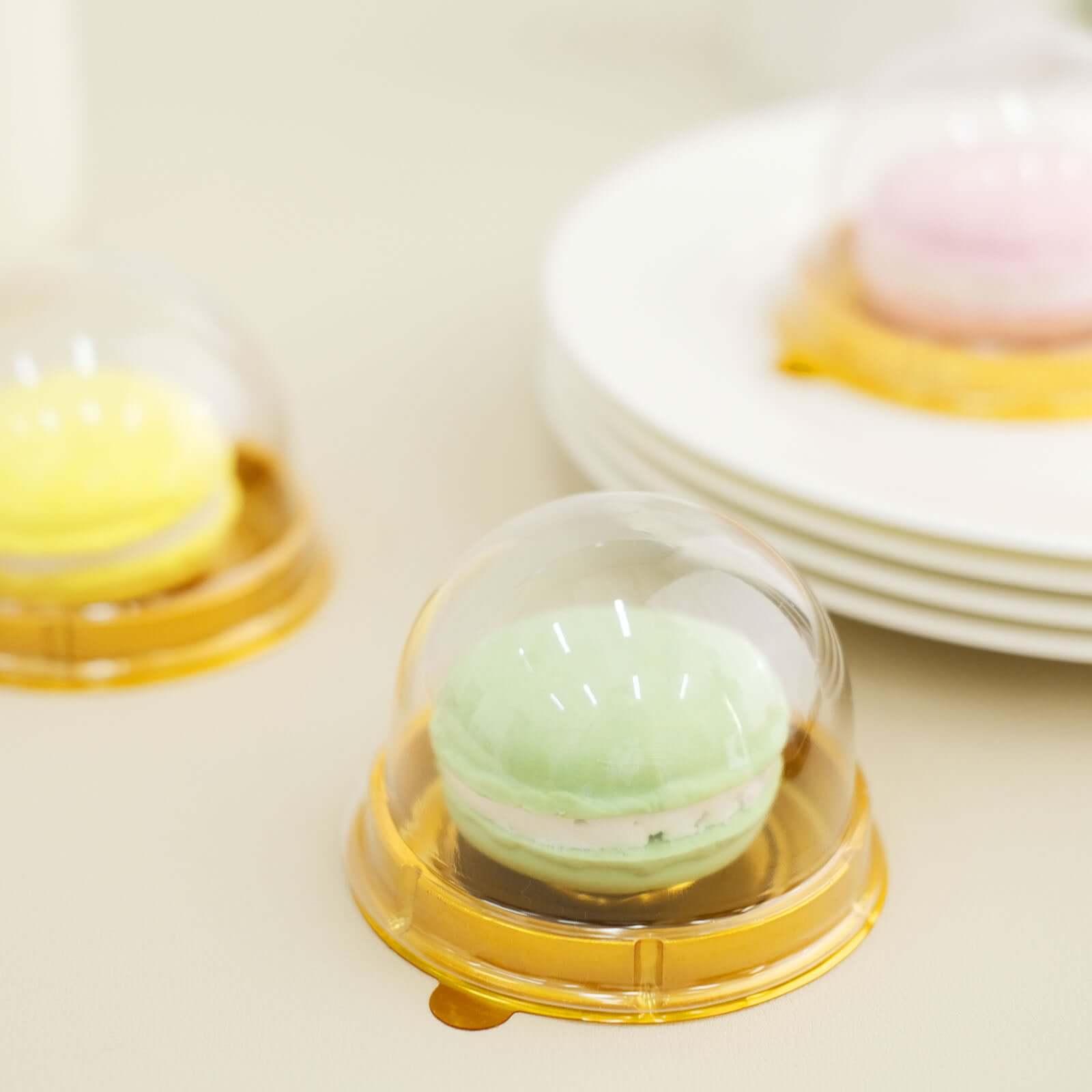 50-Pack Favor Containers Round Dome Design Gold and Clear - Plastic Party Boxes for Cupcakes and Sweets 3"