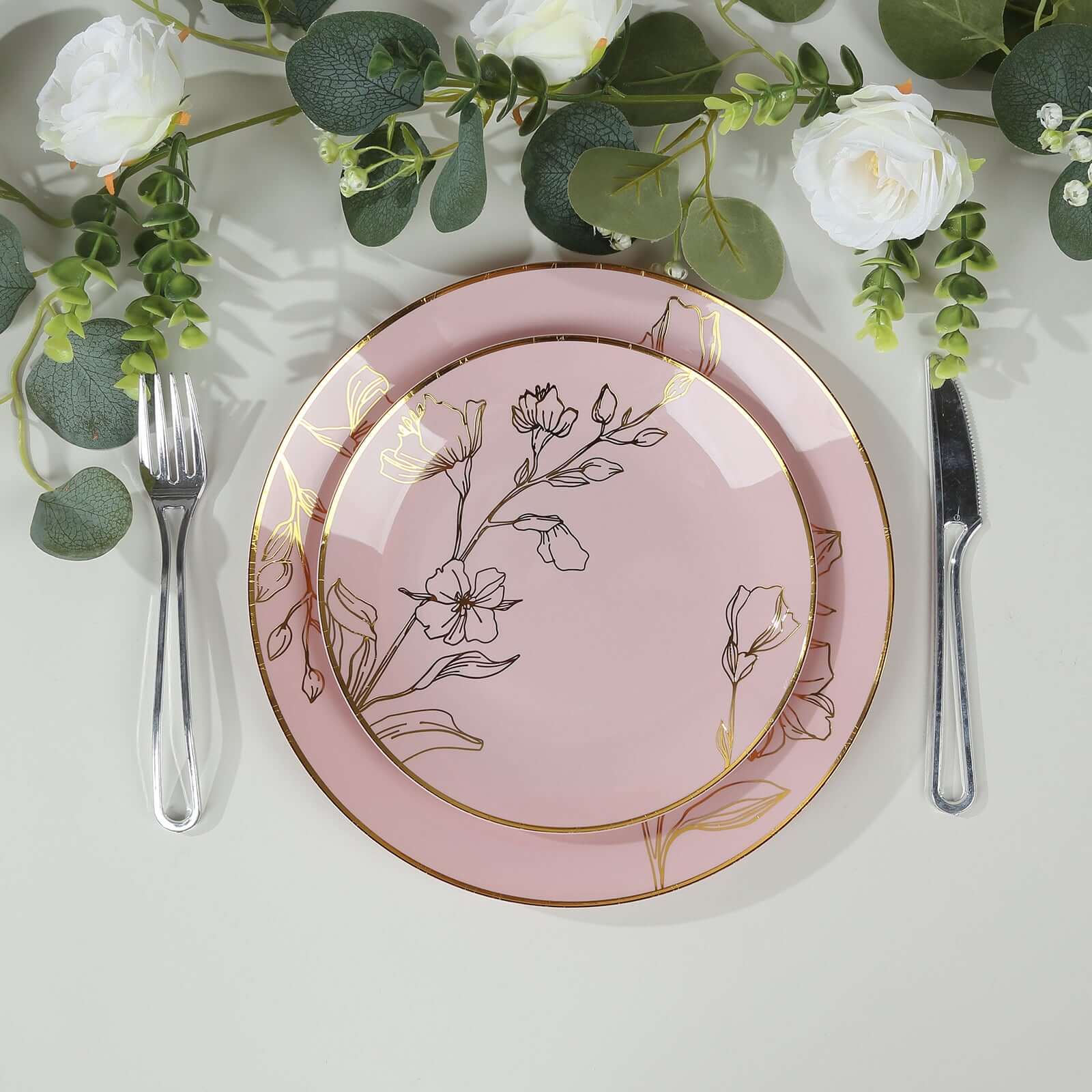 Set of 20 Plastic Round Dinner and Dessert Plates in Dusty Rose with Metallic Gold Floral Design - Stylish Disposable Dinnerware 8", 10"