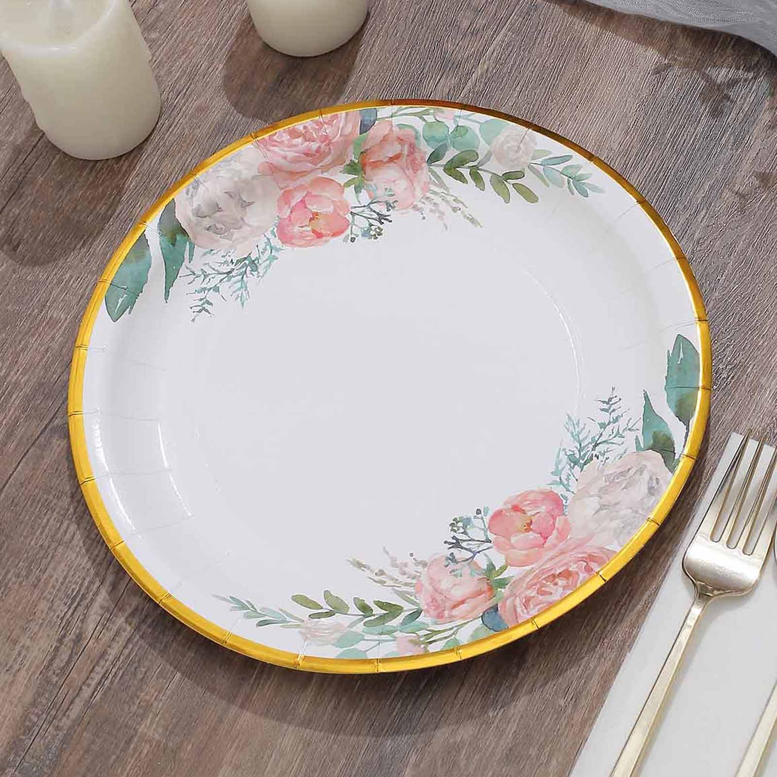 25-Pack Paper 9" Round Dinner Plates White with Peony Floral Design & Gold Rim - Disposable Floral Party Plates for Brunches & Afternoon Teas