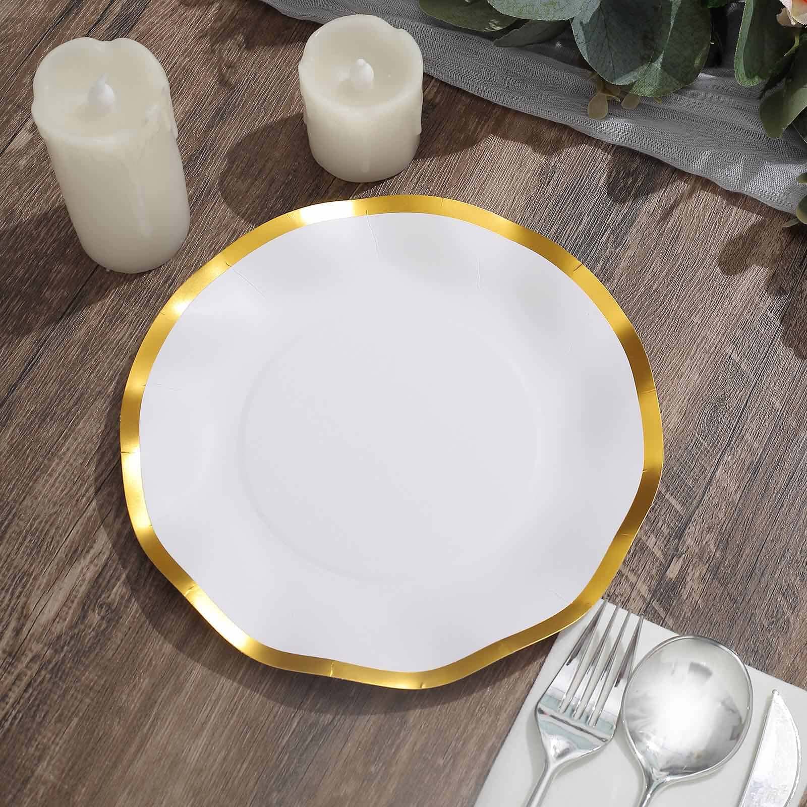 25-Pack Paper Round Dessert Plates 8" Matte White with Gold Wavy Rim - Disposable 350GSM Salad Plates for Banquets & Upscale Gatherings