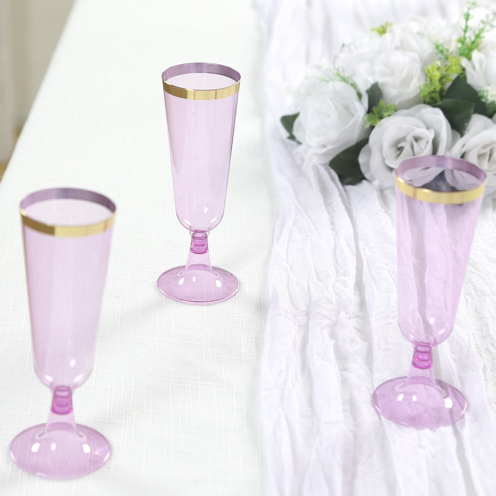 12-Pack Plastic Champagne Flutes Transparent Purpler with Gold Rim - Stylish Disposable Cocktail Glasses for Parties 5oz 6"