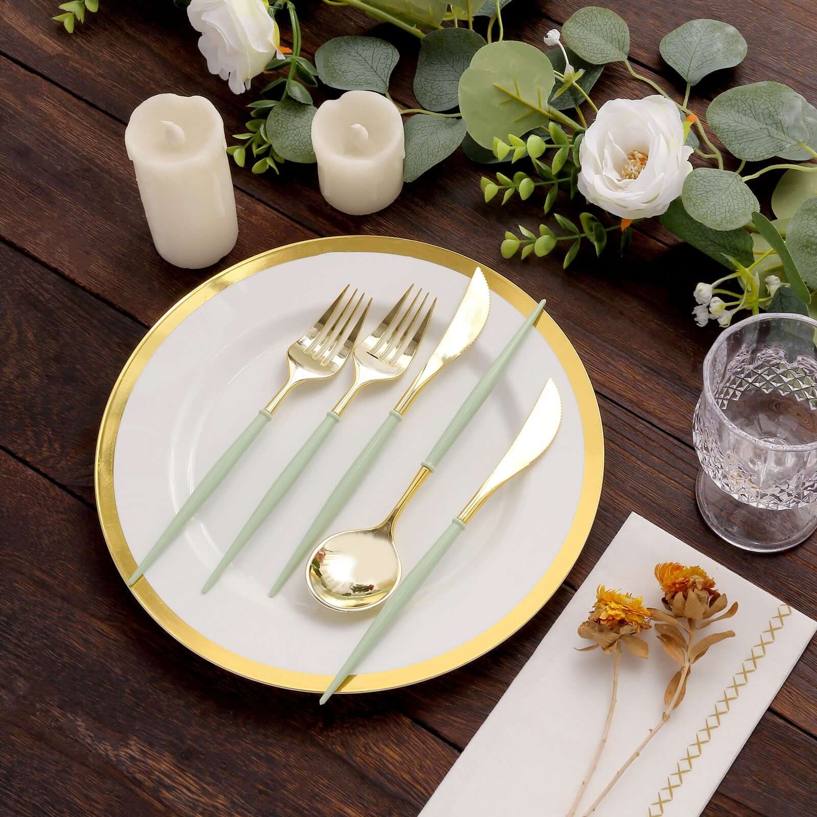 24-Pack Plastic Flatware Set in Metallic Gold with Sage Green Handle - Heavy Duty Disposable Modern Silverware 8"