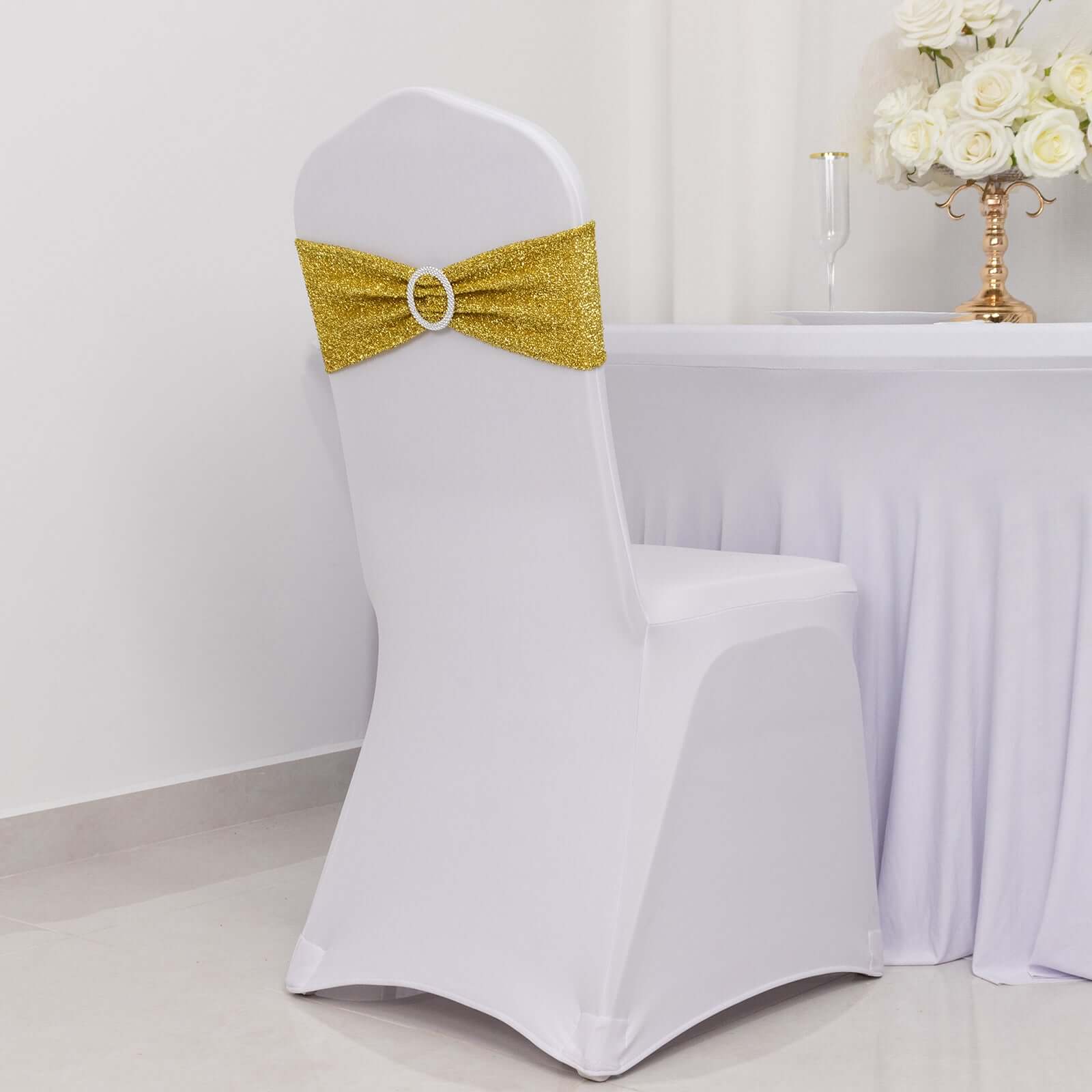 5 Pack Chair Sashes Shimmer Tinsel Spandex 5"x12" with Silver Rhinestone Buckles Gold - Stylish Decor for Weddings