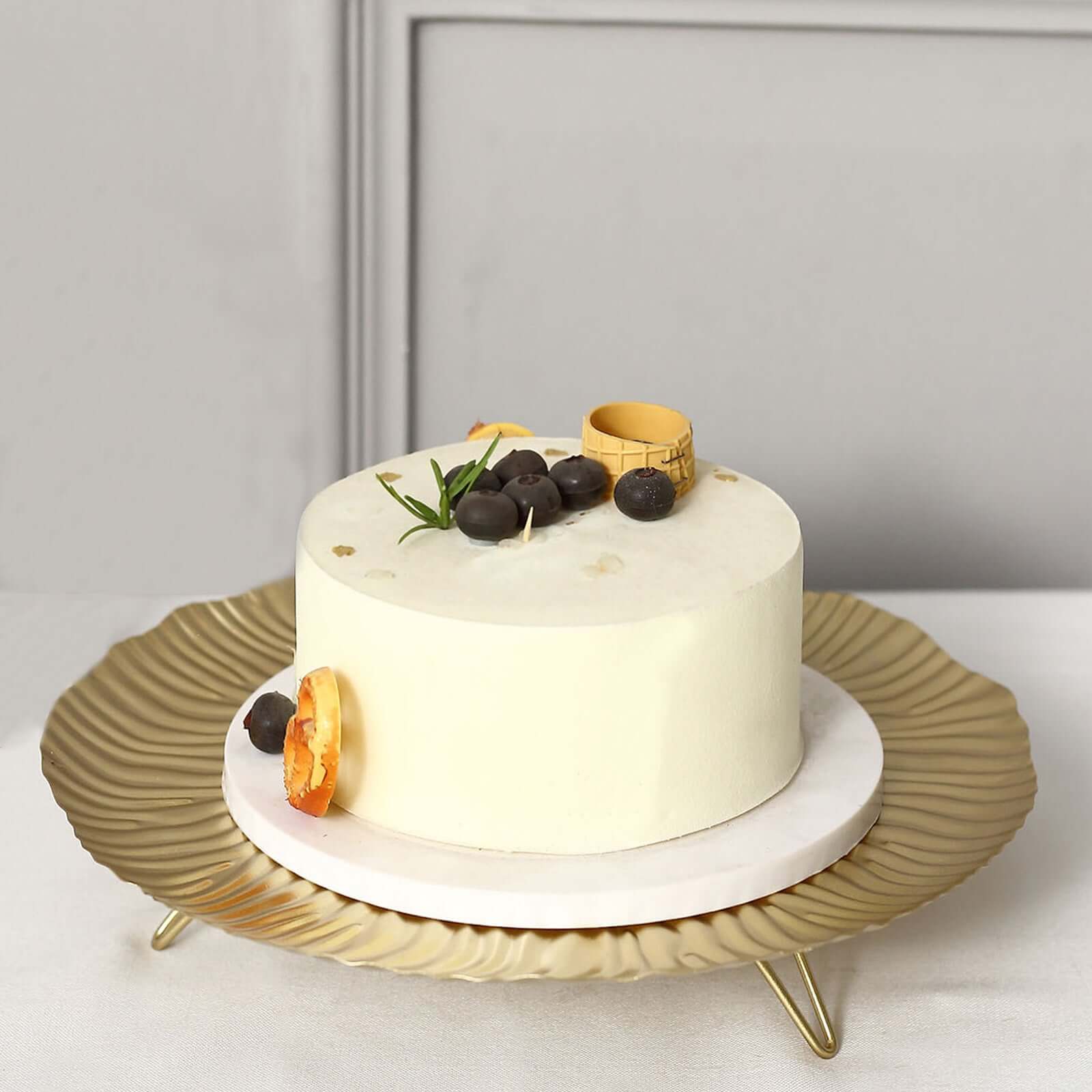 Metal Round Serving Tray 12" in Gold Floral Pattern with Wavy Rim, Pedestal Dessert Display with Hairpin Legs