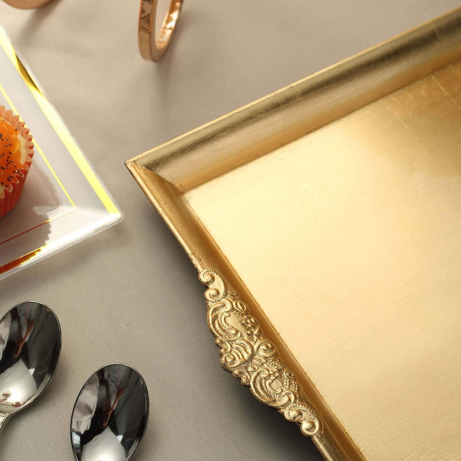 2-Pack Acrylic Rectangle Serving Trays 14"x10" in Gold with Embossed Handles, Sleek Decorative Dinner Party Food Platters