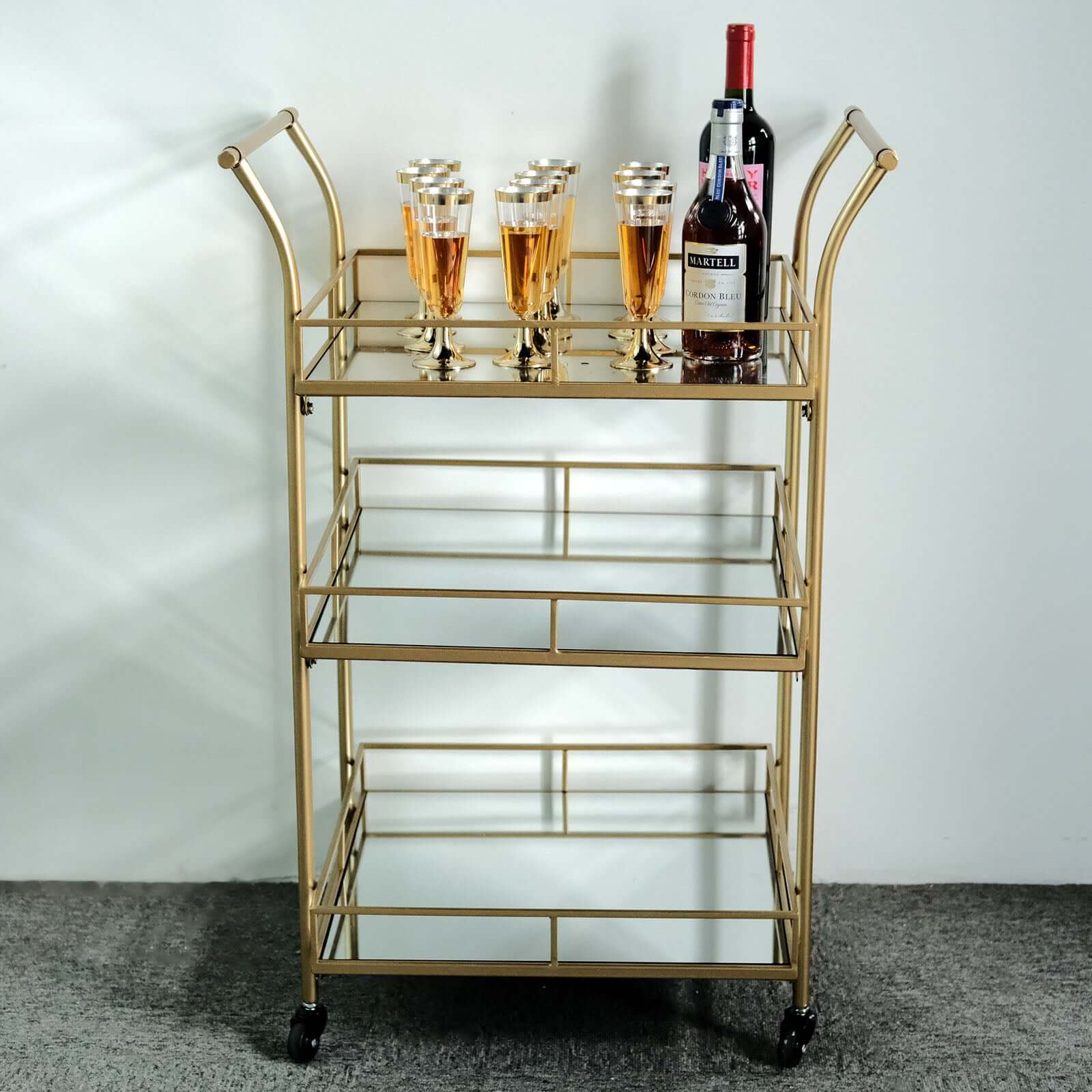 Gold Metal Bar Cart with Mirror Serving Trays 3-Tier - Teacart Island Trolley for Parties 3ft
