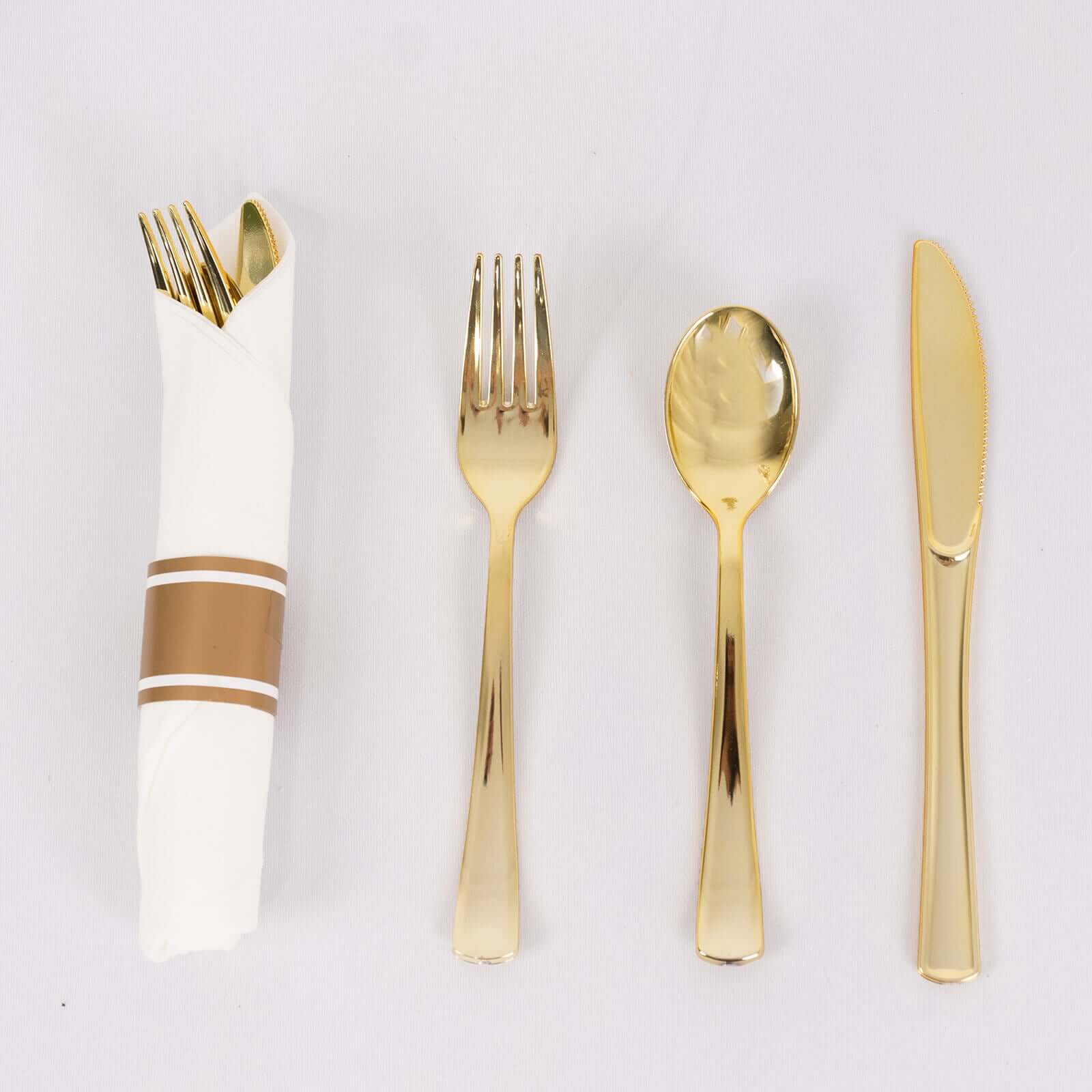 Set of 24 Gold Plastic Silverware with Pre-Rolled White Paper Napkins - Disposable Wrapped Fork, Spoon, and Knife Set