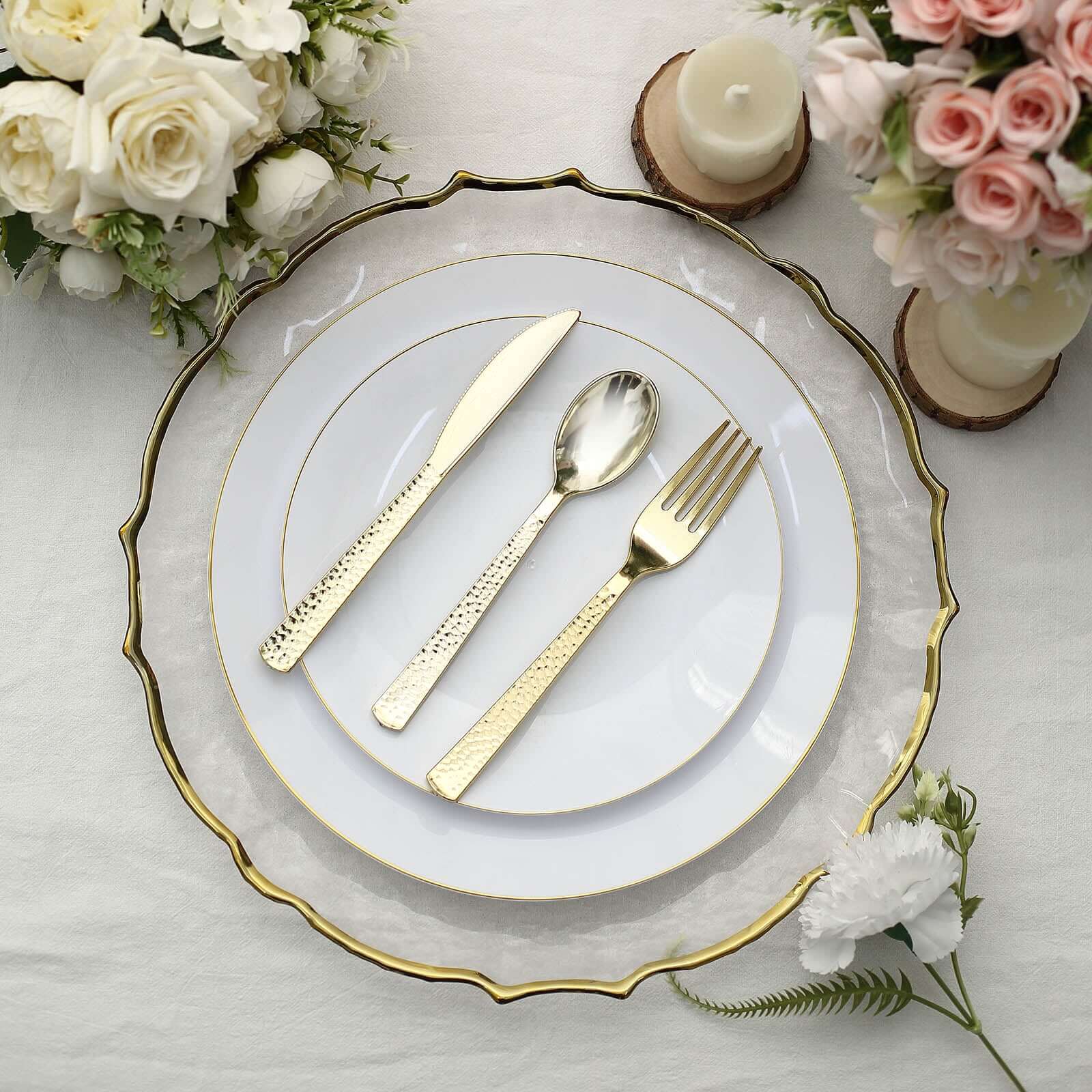 24-Pack Plastic Silverware Set with Hammered Design Gold - Heavy Duty Disposable Utensils 7"