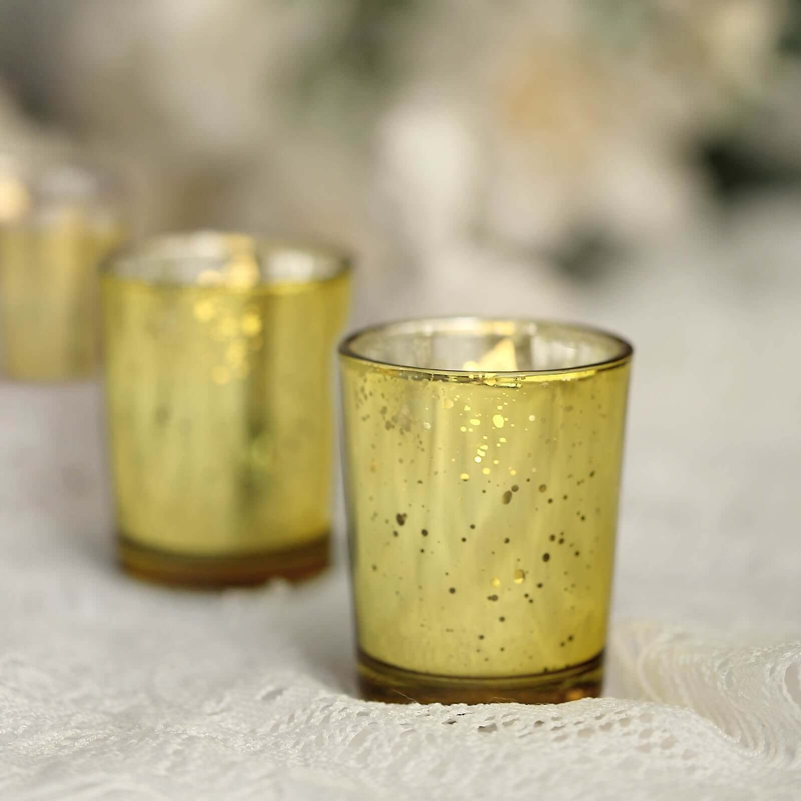 12-Pack Mercury Glass Candle Holders Gold with Speckled Design - Votive Tealight Holders 2"