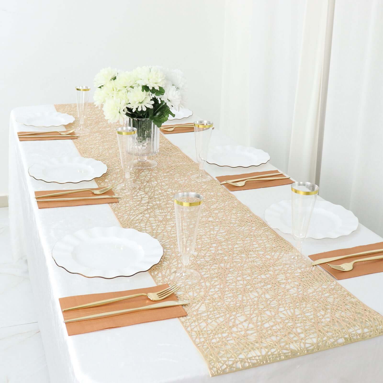 Plastic Woven Vinyl 13"x6ft Table Runner Metallic Gold - Non-Slip & Reversible Tabletop Decor