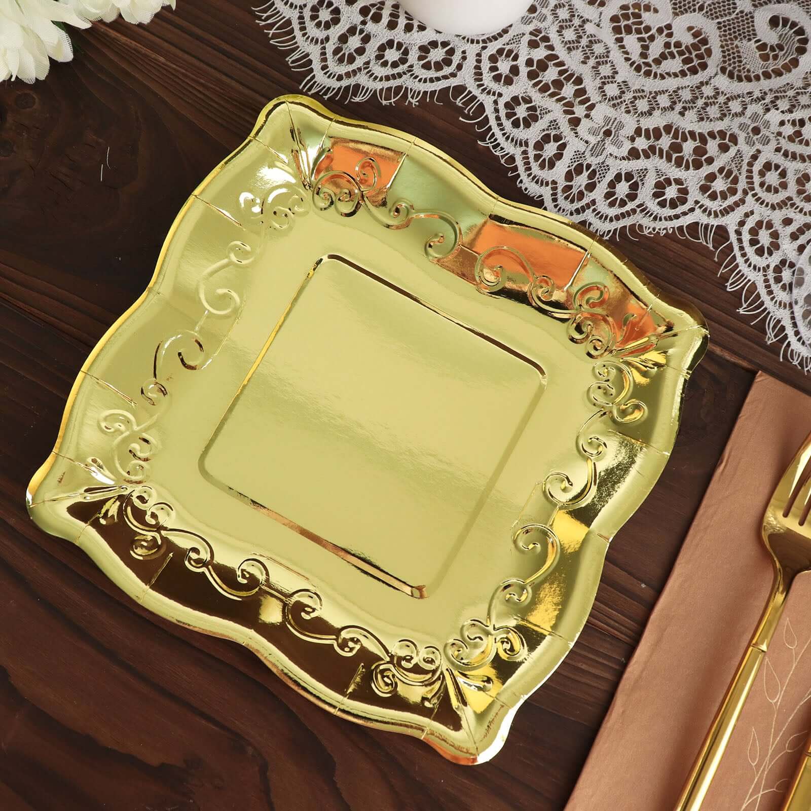 25-Pack Paper 7" Square Dessert Plates in Gold with Vintage Pottery Embossed Design - Shiny Metallic Disposable Appetizer Plates for Luxe Gatherings & Celebrations